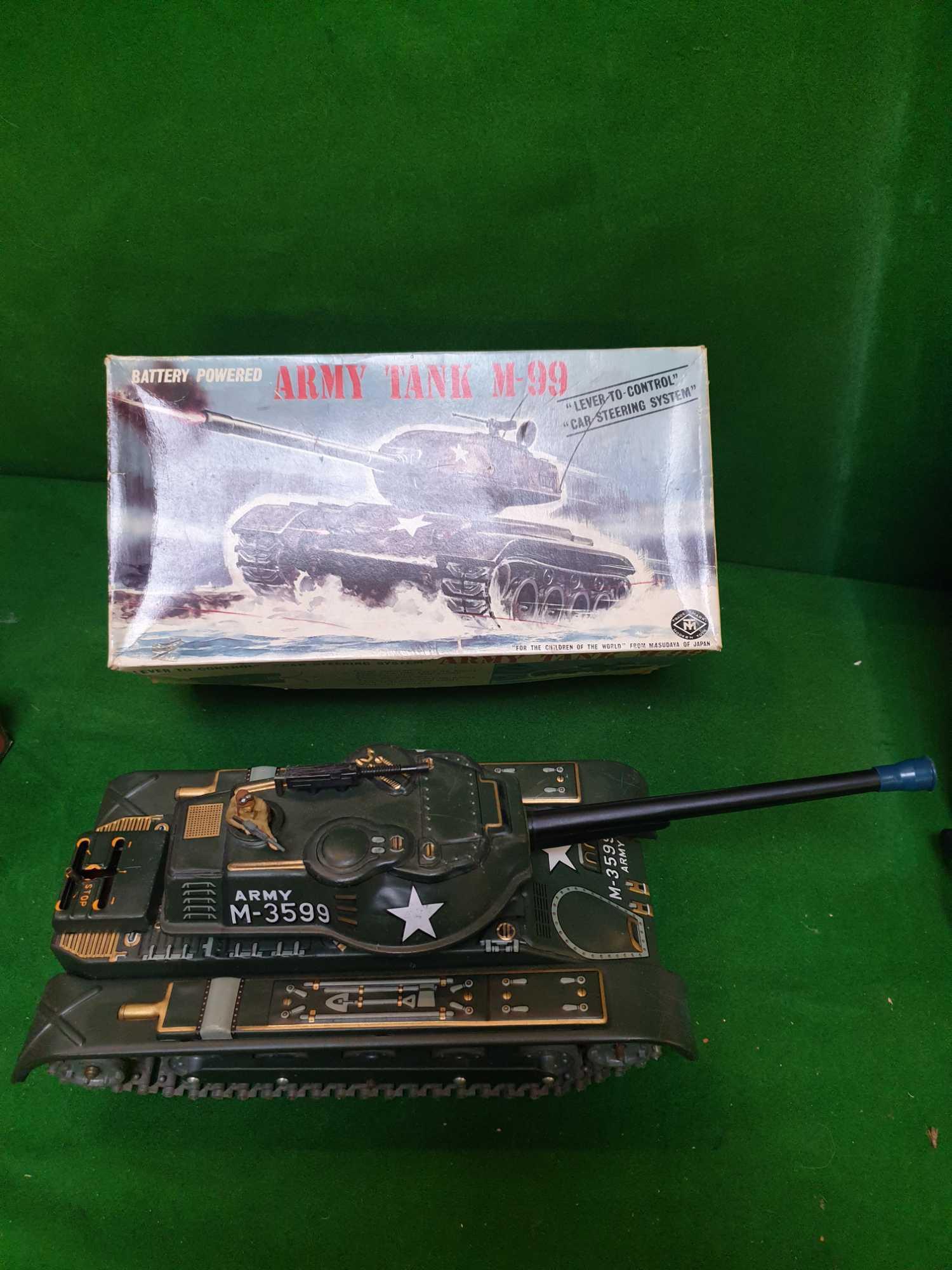 Masudaya Japan #3599 Army Tank M99 Battery Powered C1960s Battery Operated Plastic Tracks Length