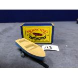 Matchbox Moko Lesney #48a Meteor Sports Boat Brown/Blue (GPW) - Black Trailer And Grey Plastic