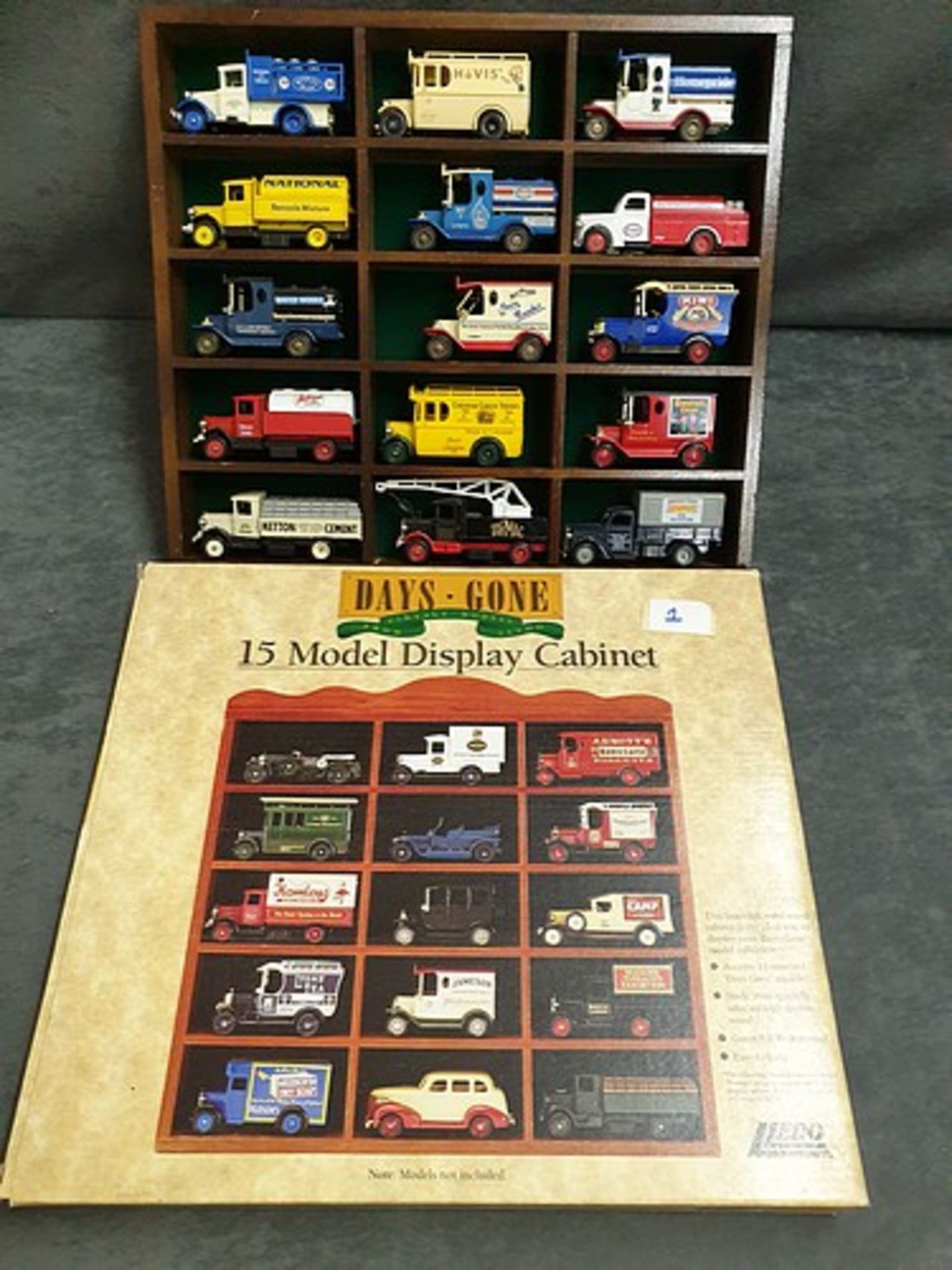 Days Gone Wooden Display Case With Box Including 15 Various Diecast Vehicles Advertising decals Esso