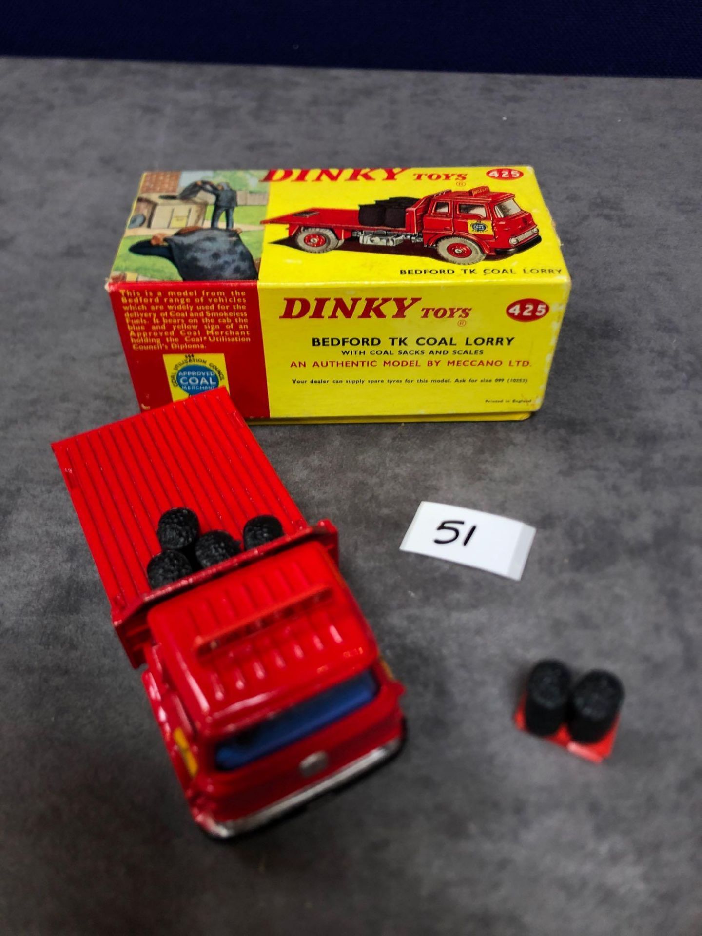 Dinky #425 Bedford TK Coal Wagon Red - Plastic Wheels. Comes With 6 Sacks Of Coal And Scales Mint