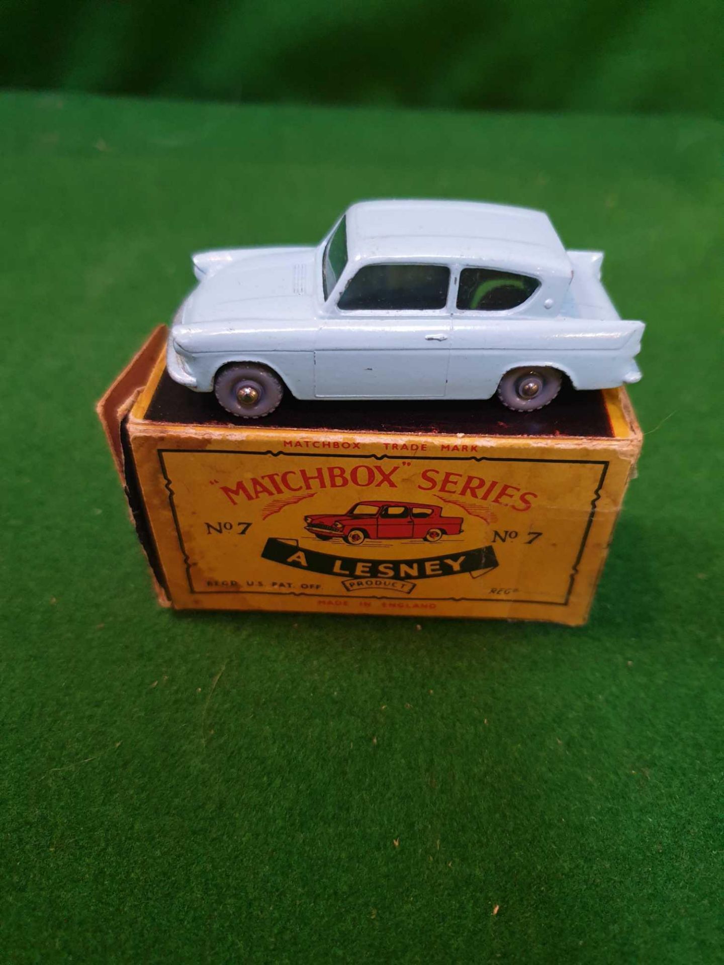 Matchbox Lesney #7b Ford Anglia Pale Blue Flap And End Tab Off But Present In Box Grey Plastic