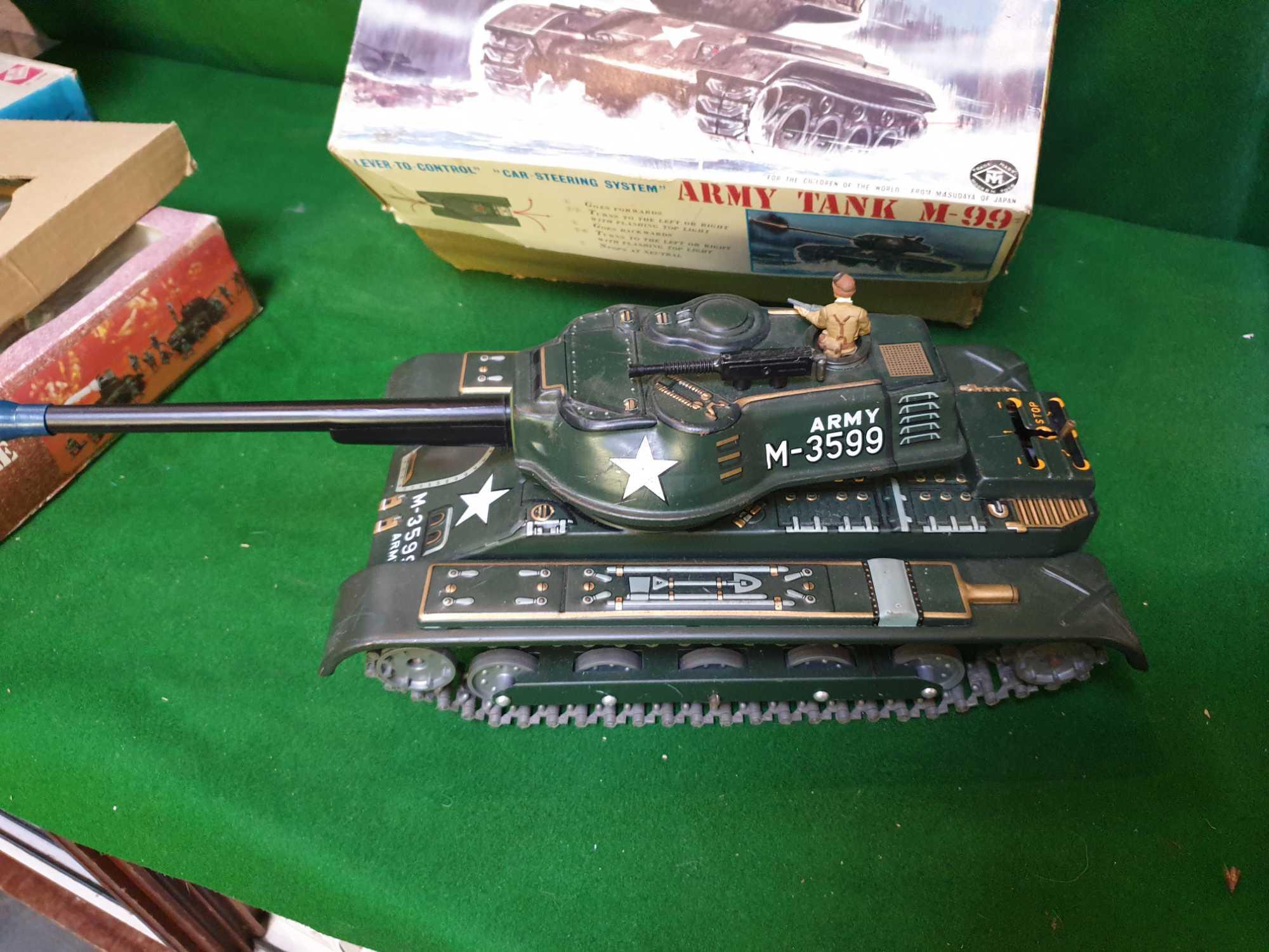 Masudaya Japan #3599 Army Tank M99 Battery Powered C1960s Battery Operated Plastic Tracks Length - Image 4 of 5