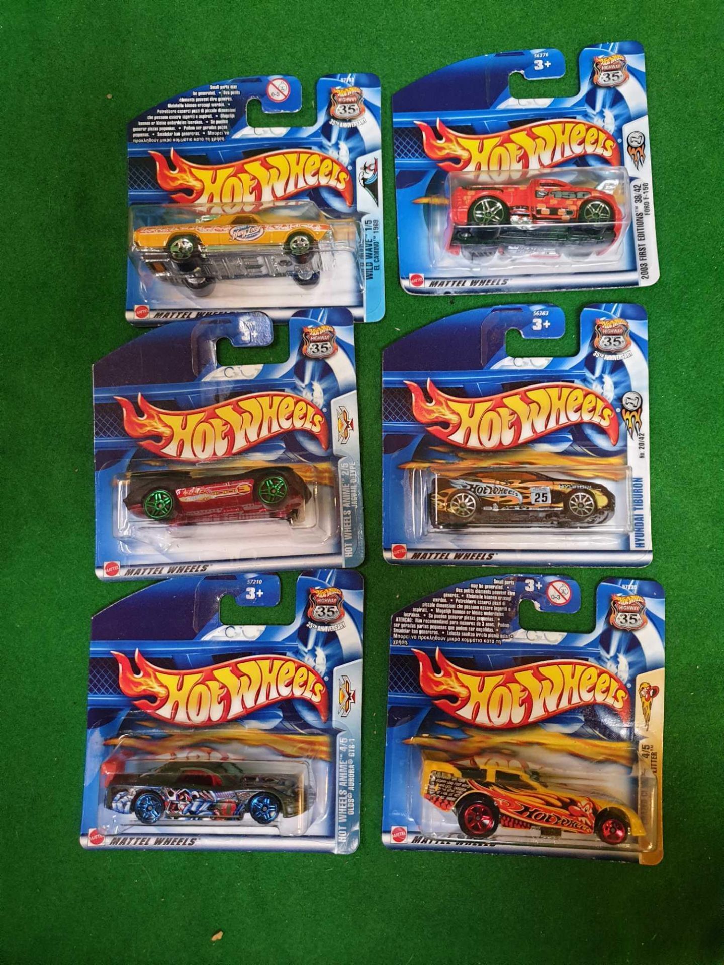 6 X Hot Wheels Carded New Comprising Of Anime Jaguar E Type 2003 #071 Anime Old Aurora 2003 #073