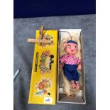 Vintage Pelham Puppets Marionette Type Perky From 'Pinky And Perky' With Blue Cap Pink Checked Shirt