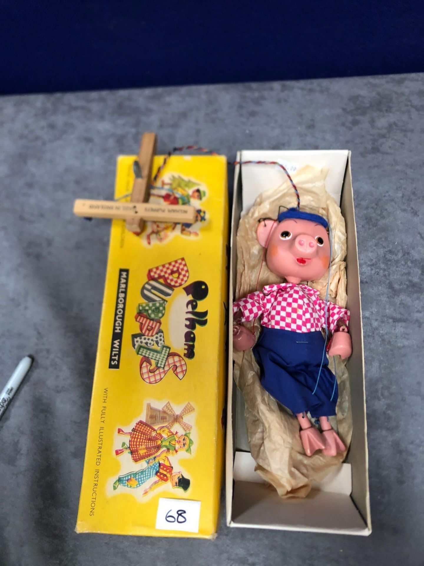 Vintage Pelham Puppets Marionette Type Perky From 'Pinky And Perky' With Blue Cap Pink Checked Shirt