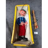 Vintage Pelham Puppet Marionette Boy Talker 9'' Tall With A Blue Cap Blue Striped Shirt With A White