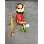 Vintage Pelham Puppet Gypsy Girl With Dark Black Hair With Red/Yellow Bows Comes In A Red And