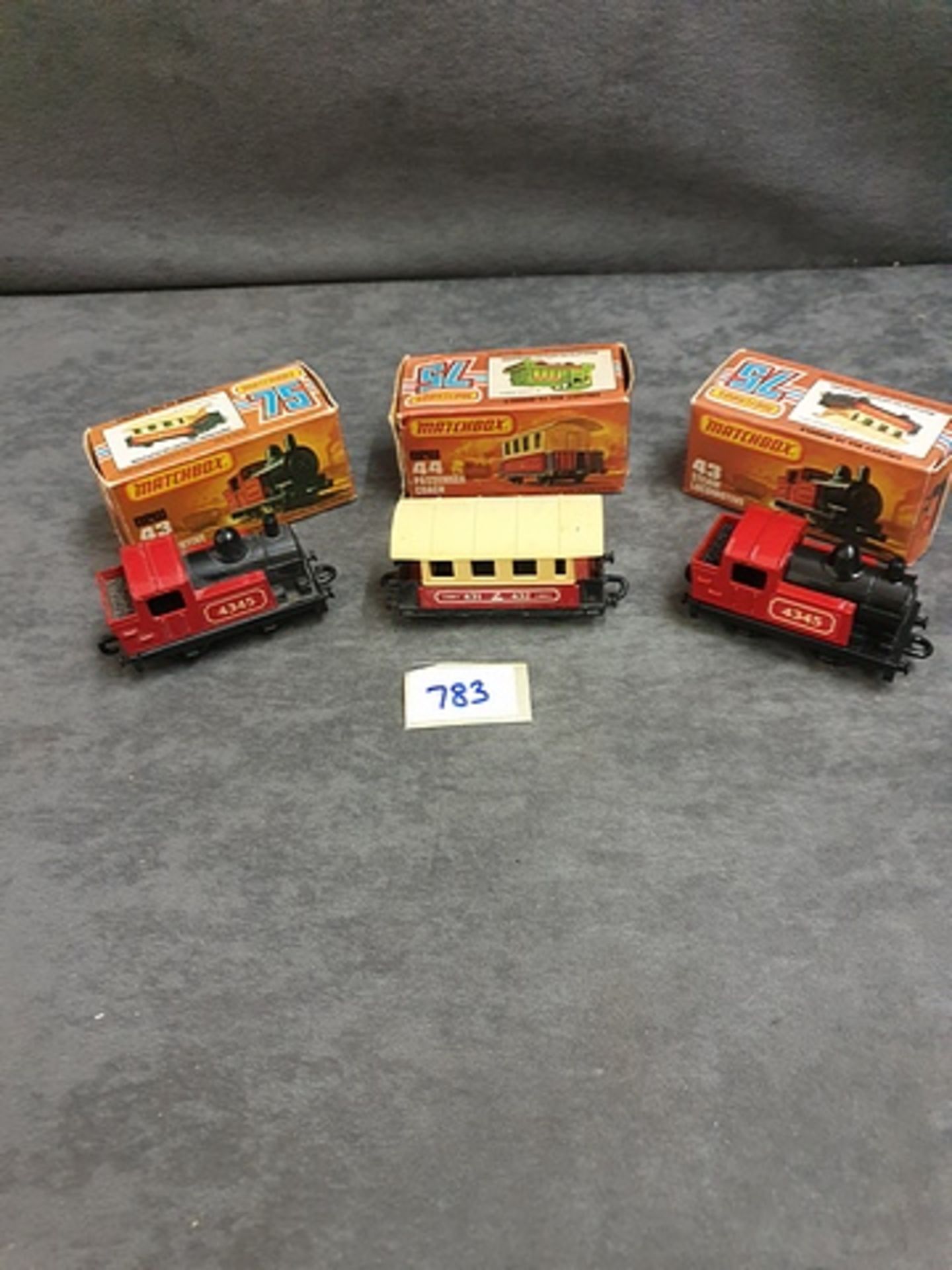 3x Matchbox Superfast Diecast All Boxed Comprising Of 2x #43 Steam Locomotive In Red 1x 44 Passenger