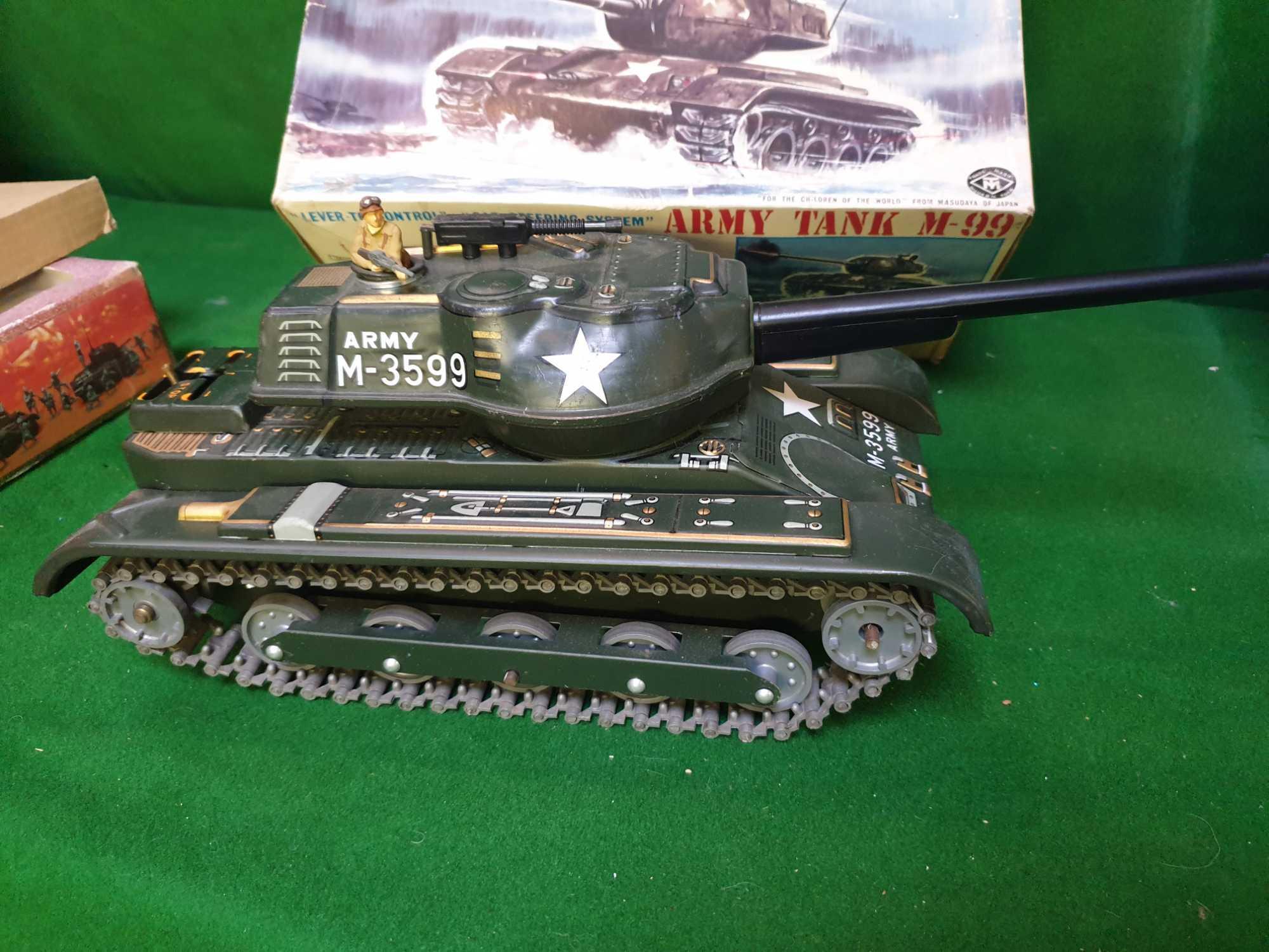 Masudaya Japan #3599 Army Tank M99 Battery Powered C1960s Battery Operated Plastic Tracks Length - Image 2 of 5