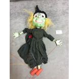Vintage Pelham Puppets Wicked Witch With Orange Light Fuzzy Hair With A Pointed Black Hat In A Black