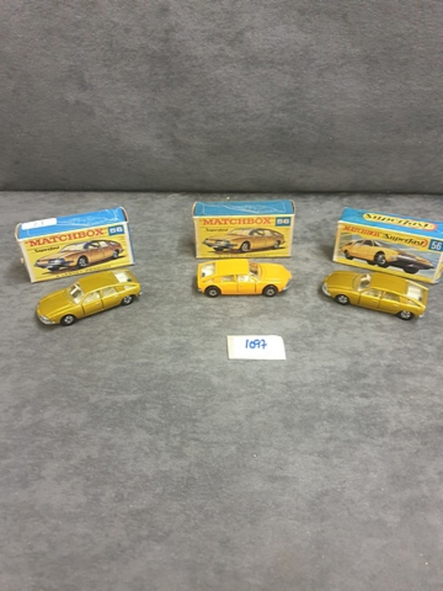 3x Matchbox Superfast Diecast Cars #56 2x Gold In Boxes One With End Flap Missing 1x Orange In