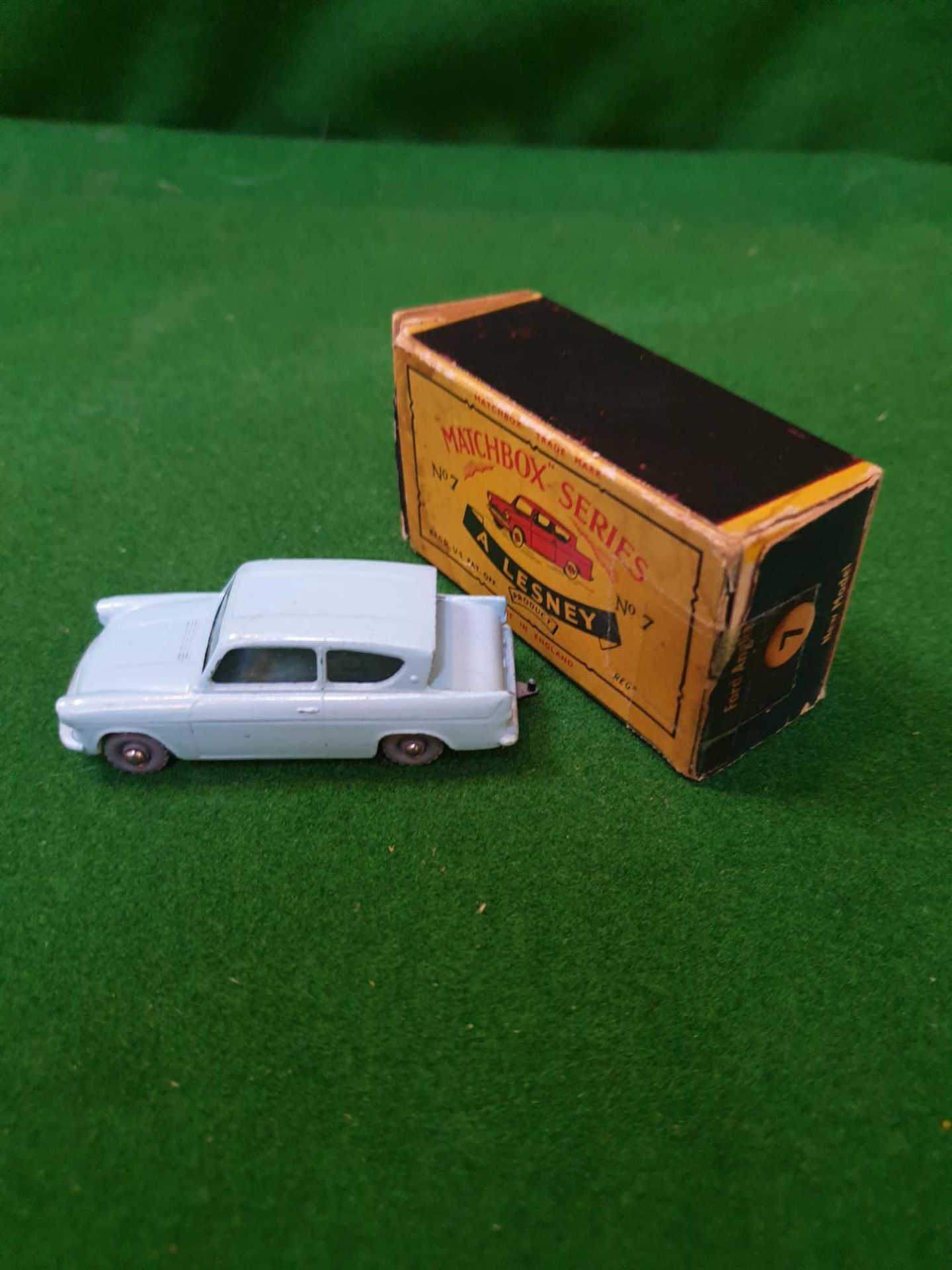 Matchbox Lesney #7b Ford Anglia Pale Blue Flap And End Tab Off But Present In Box Grey Plastic - Image 2 of 2