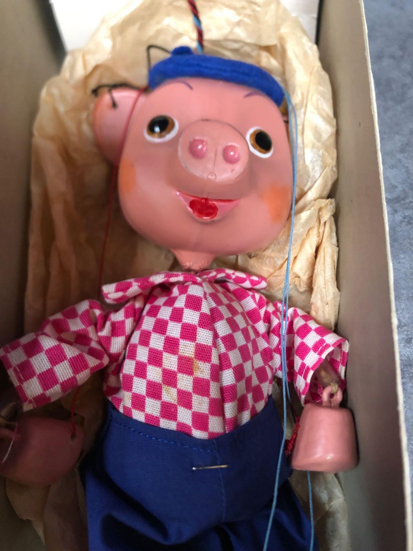 Vintage Pelham Puppets Marionette Type Perky From 'Pinky And Perky' With Blue Cap Pink Checked Shirt - Image 2 of 2