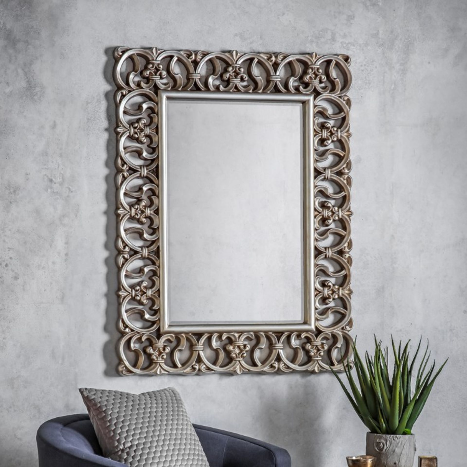 Sumner Mirror Bold statement piece with a deep decorative frame in an antique silver finishW930 x