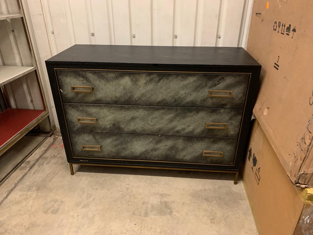 Levi 3 Drawer Chest Wrapped In A Faux Velum On Leather In A Charcoal Finish On Satin Brass