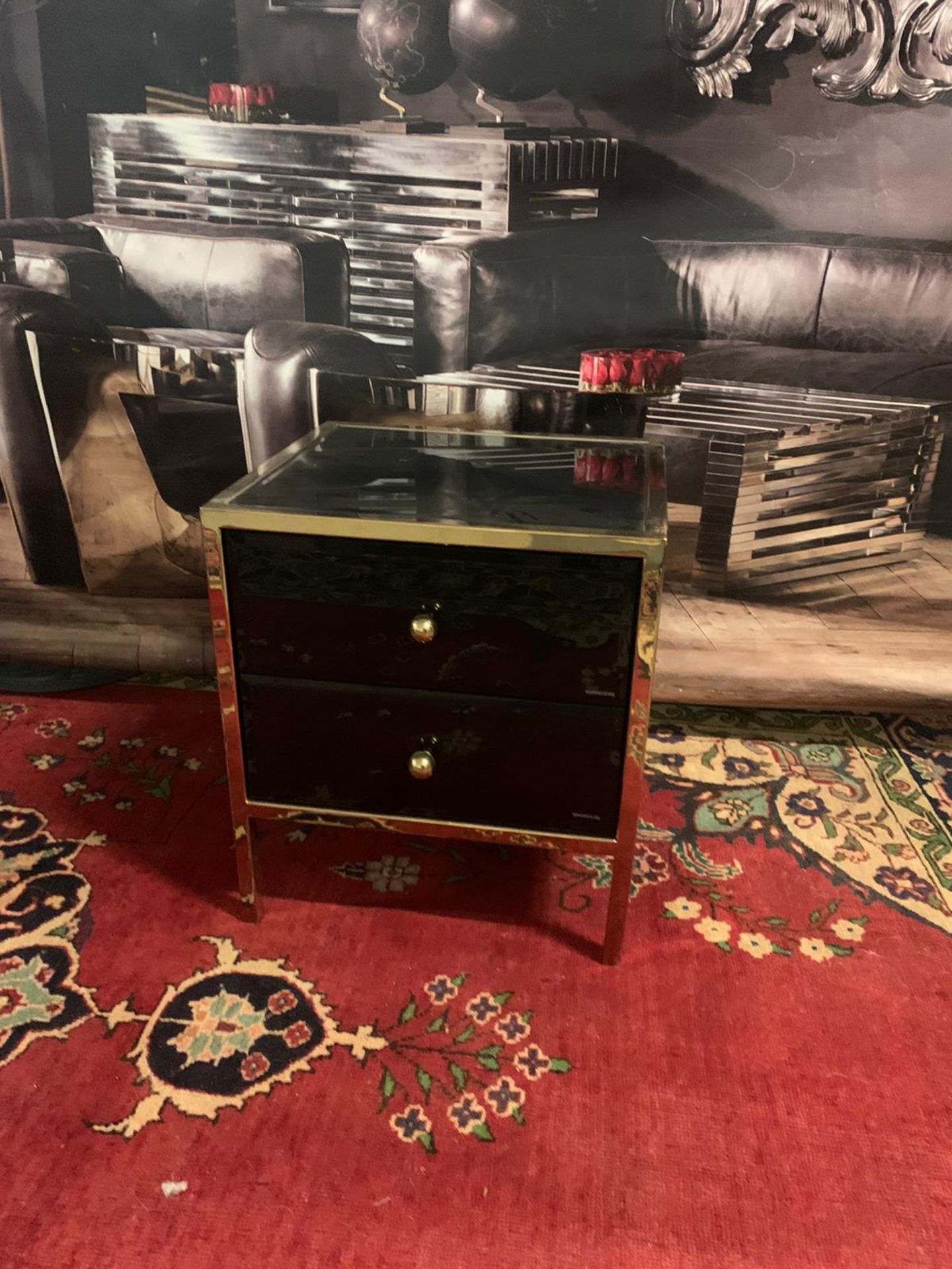 Birlea Fenwick Black Glass and Gold 2 Drawer Small Bedside Cabinet Presenting a stunning piece of