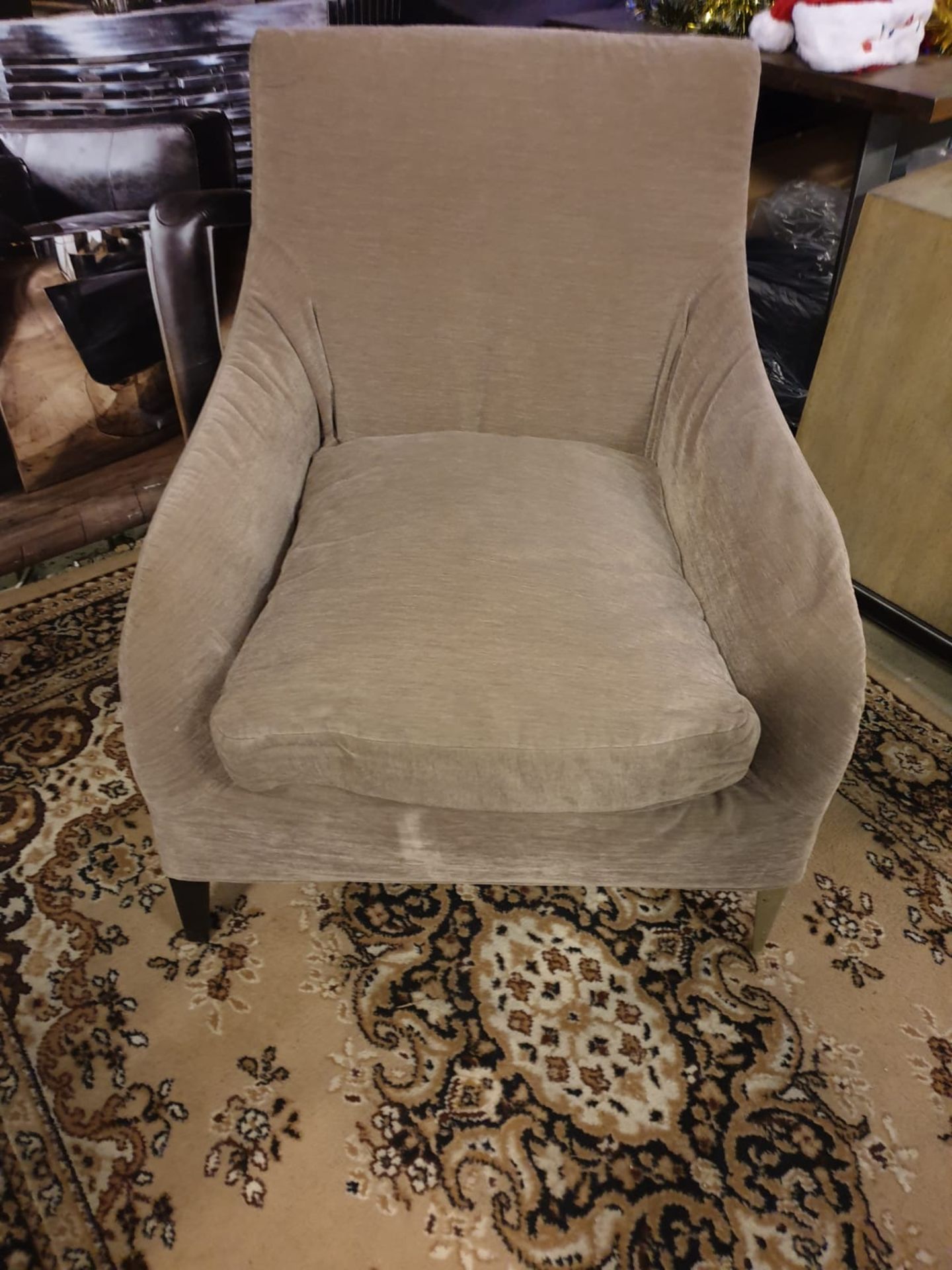 2 X Upholstered Luxury Chairs 1 X Brown Fabric Wingback Chair 72 X 55 X88cm 1 X Side Chair 74 X 56 X