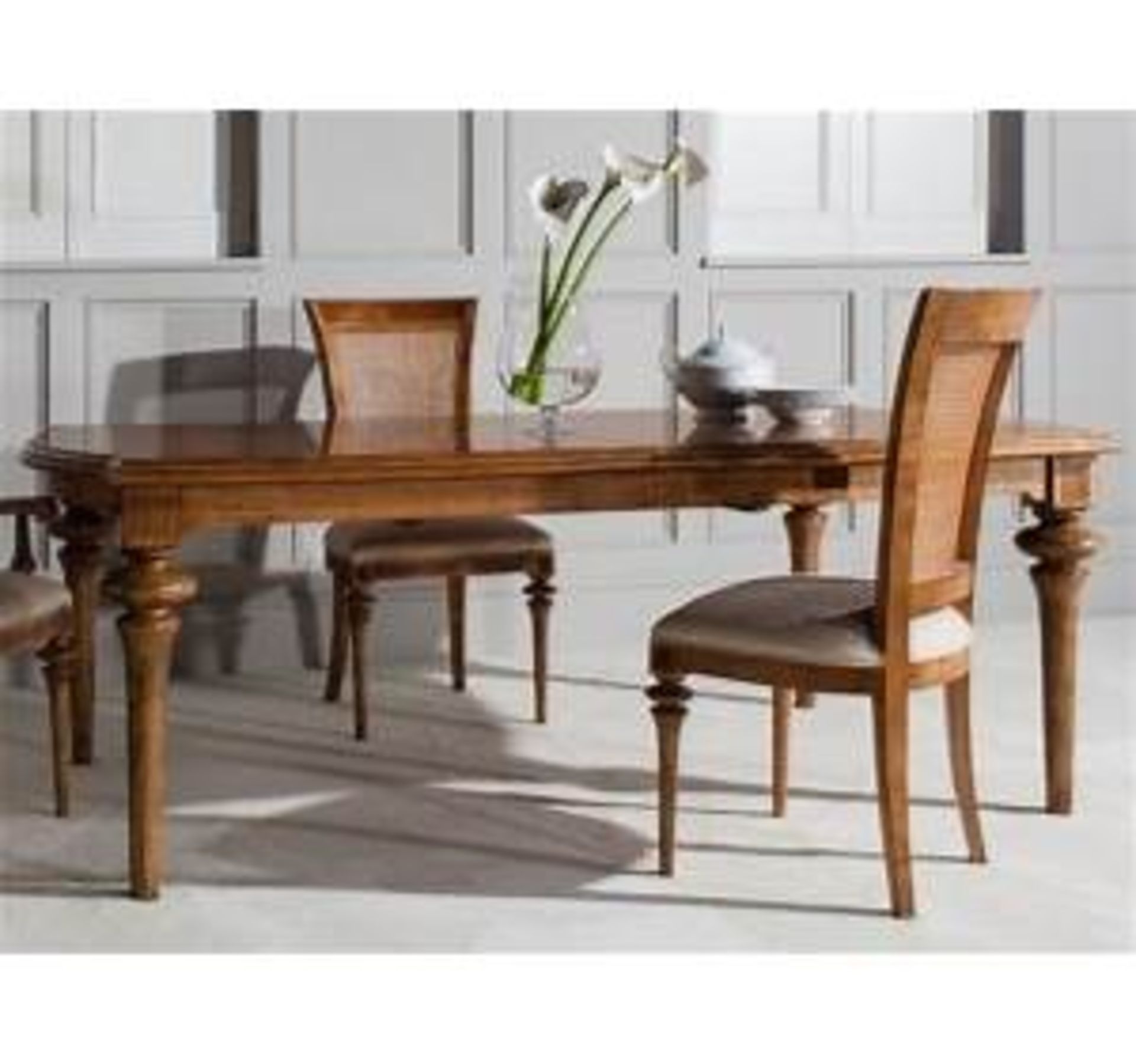 Spire Dining Large Extending Table Blonde European Walnut With Intricate Inlays Antiqued Hand Wax