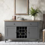 Cookham Large Sideboard in Grey features a built-in wine rack, 2 cupboards, each with a shelf, and 2