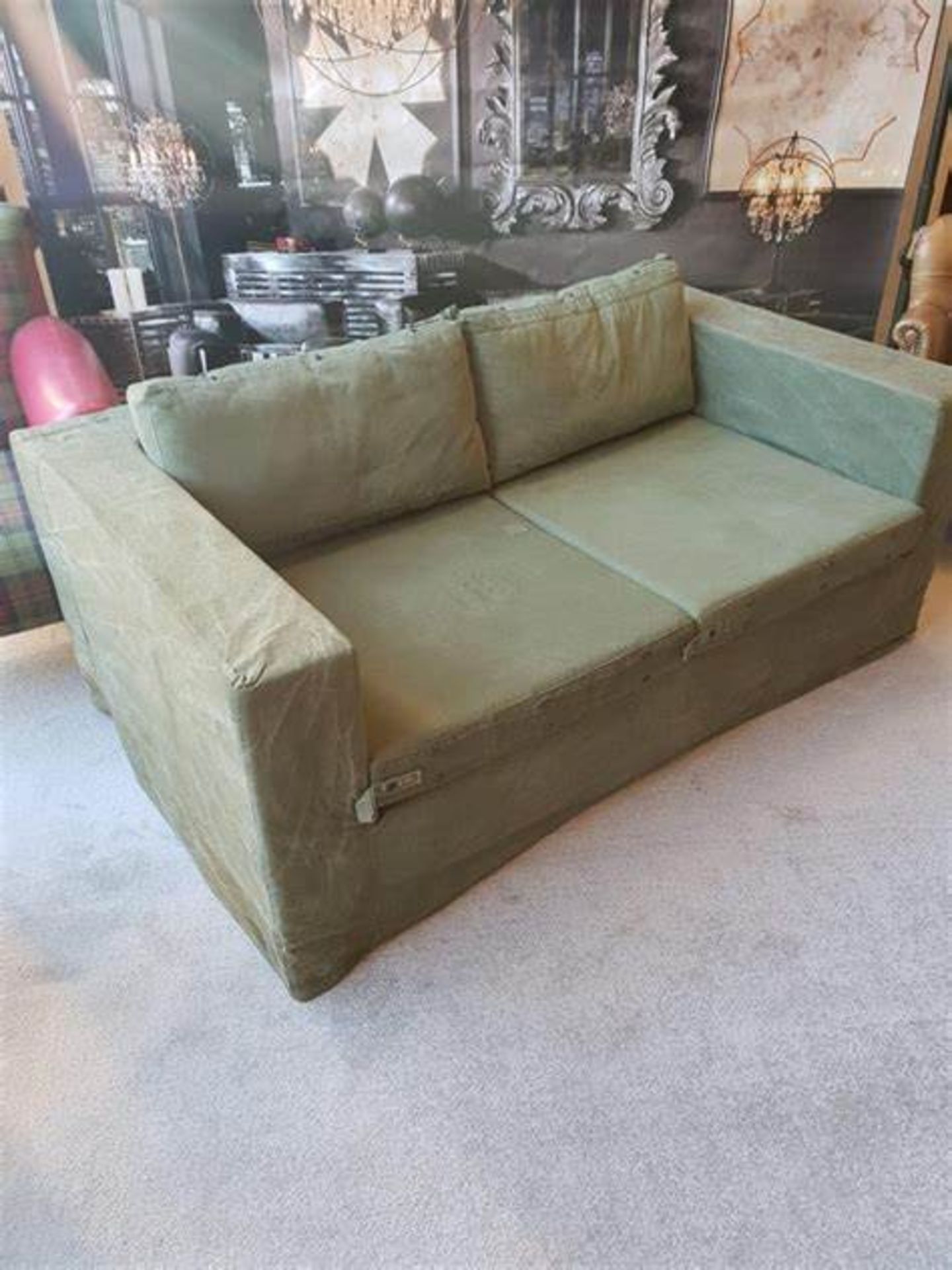 Canvas Cube Sofa This Sofa Features A Minimal Stripped Down Design Concept And Vintage Olive Green - Image 2 of 3