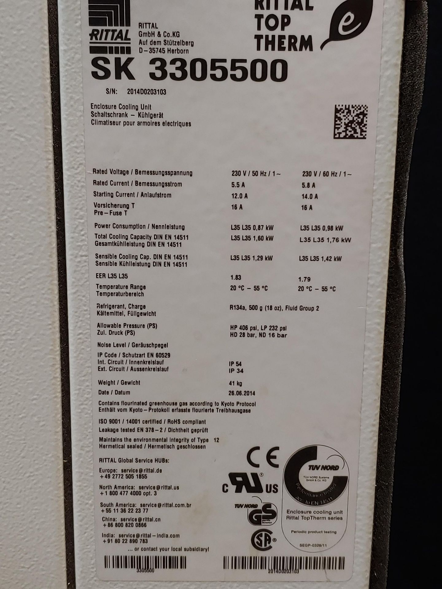 RITTAL 5157 BTUH REFRIGERANT ENCLOSURE AIR CONDITIONER SK-3305500, CARBON STEEL, NEMA ENCLOSURE - Image 6 of 7