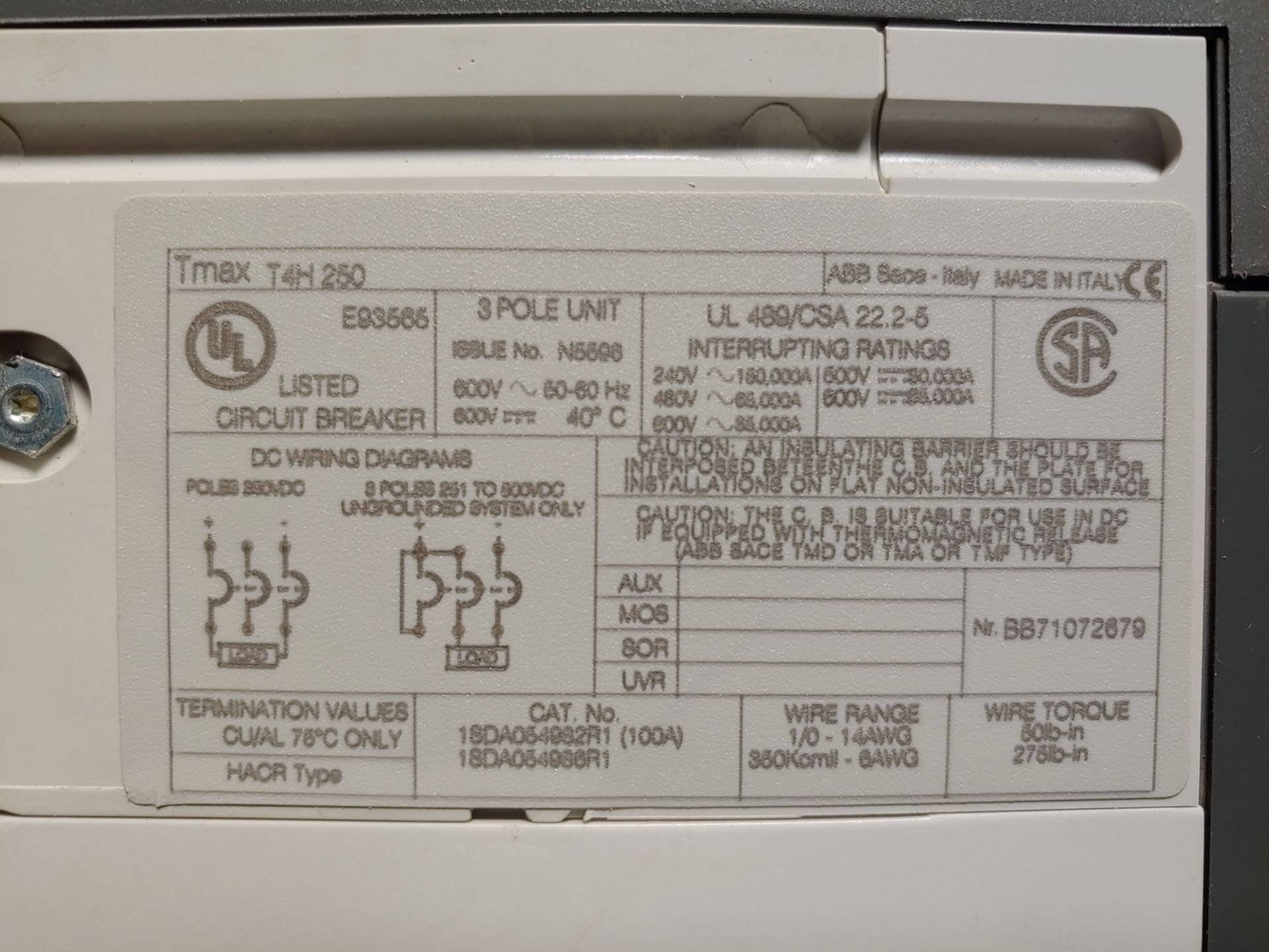 ABB SACE TMAX T 3-POLE CIRCUIT BREAKER T4H 250 - Image 3 of 8