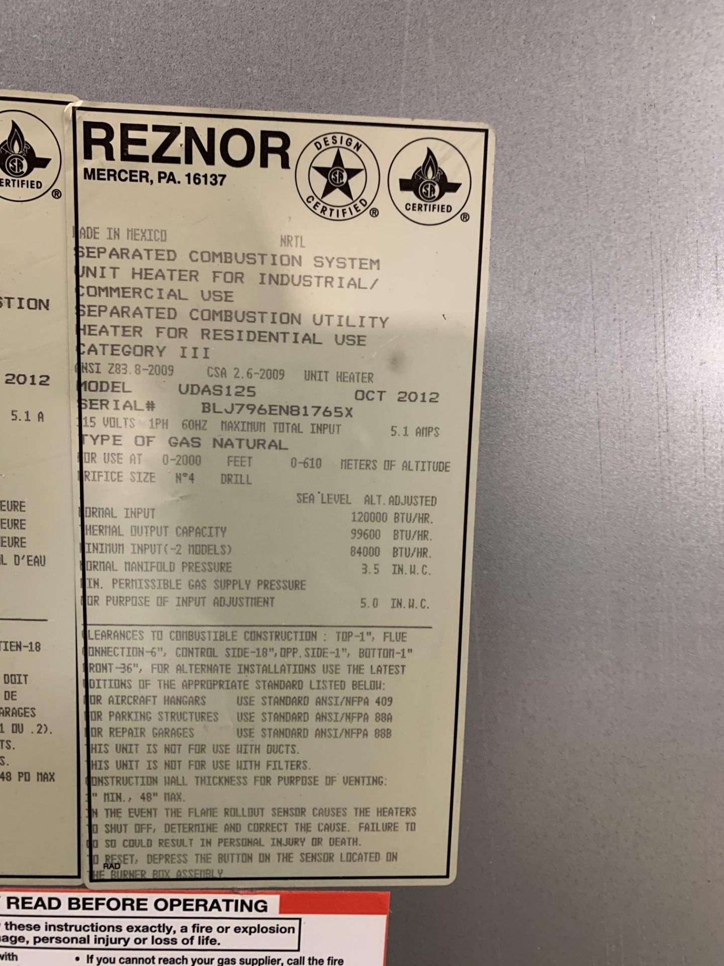 REZNOR V3 SERIES UDAS125 GASFIRED SEPARATED COMBUSTION HEATER UNIT
