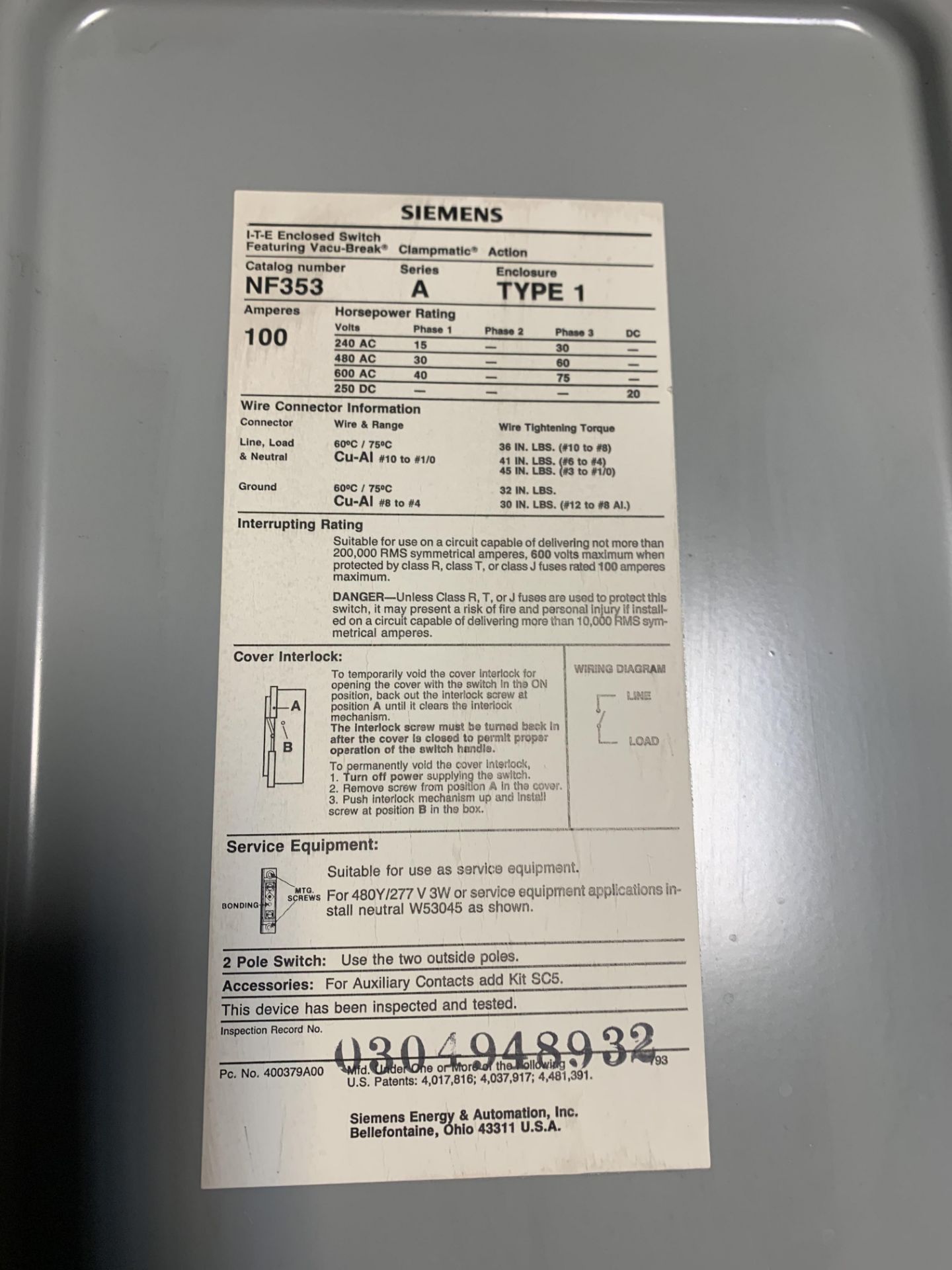 SIEMENS NF-353 SAFETY SWITCH ENCLOSURE 100A, 3-POLE,600VAC - Image 6 of 6