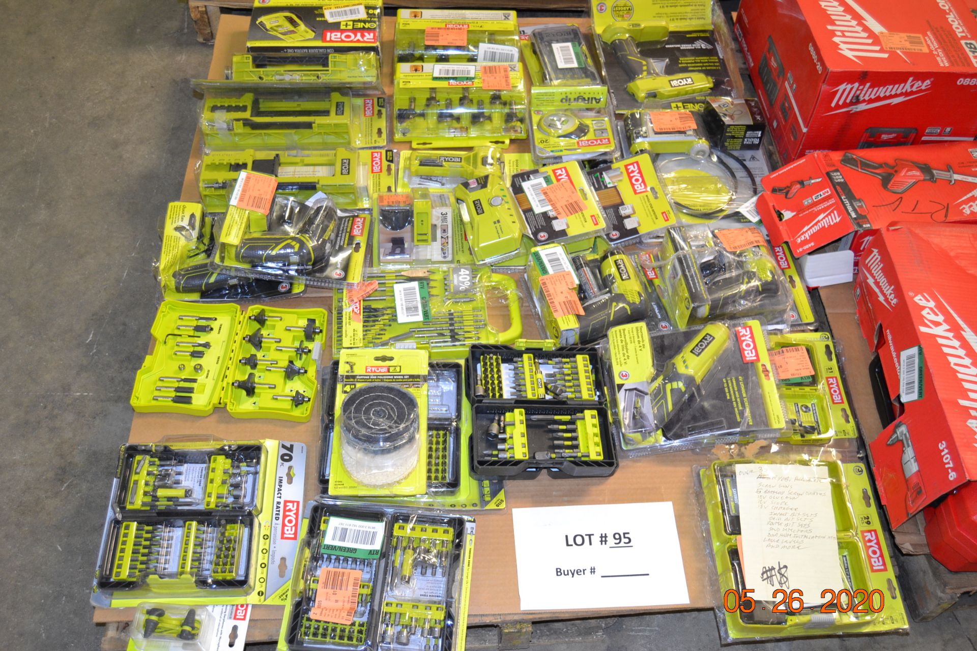 RYOBLI LOT (OVER 30PCS) SCREW GUN, GLUE GUN, SCOPE, CHARGER, DRILL BITS, ROUTER BIT SET, DOOR