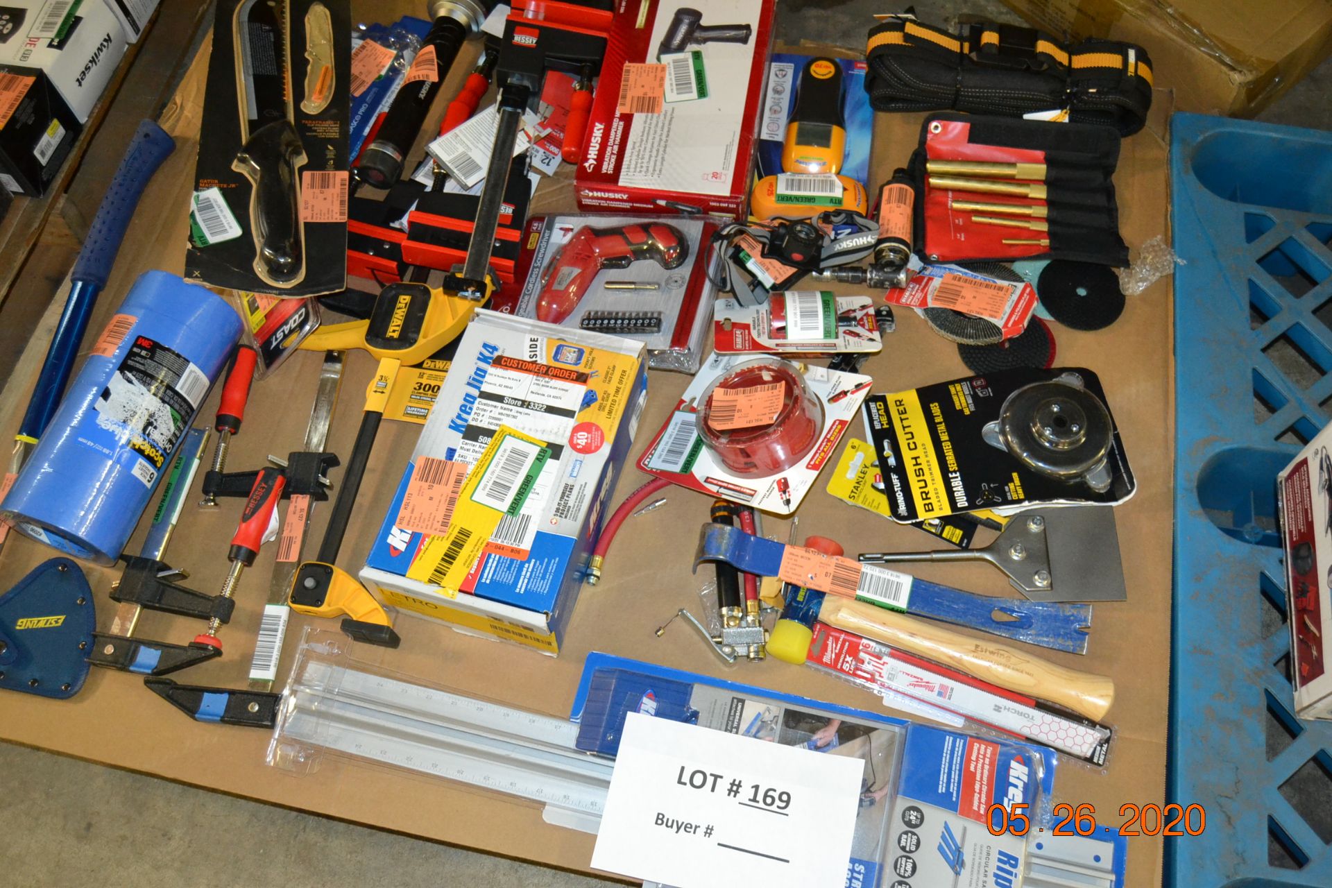 ASSORTE CLAMPS, PAINTERS TAPE, MACHETE, AIR HAMMER, AND MORE