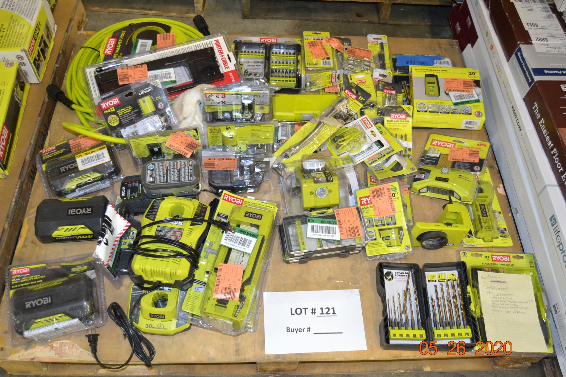 RYOBI MIX LOT, BATTERIES, LASER LEVEL, DOOR LOCK INSTALL KIT, STUD FINDER, PRESSURE WASHER HOSE,