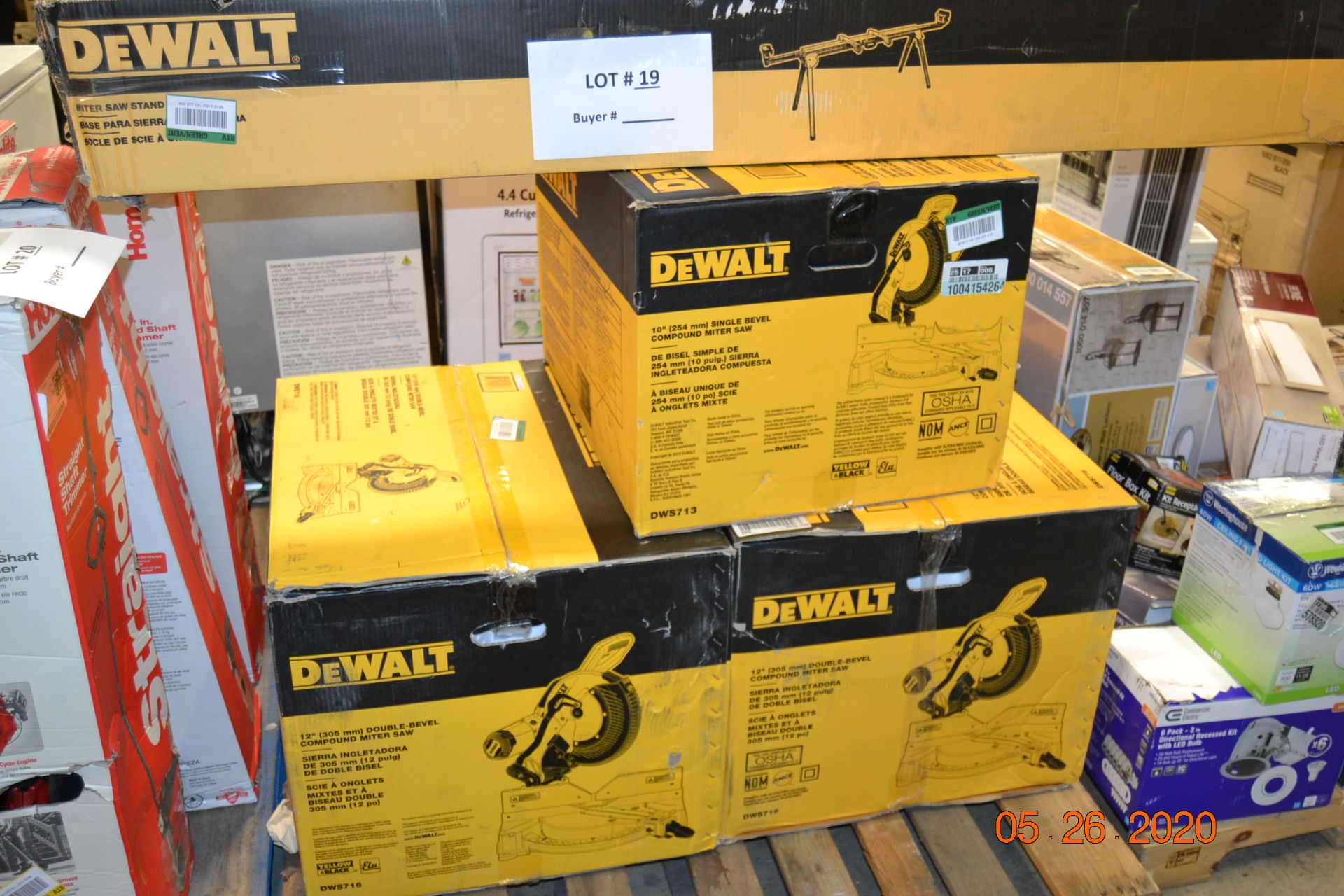 DEWALT 12" DOUBLE BEVEL COMPOUND MITER SAW(2), DEWALT 10" SINGLE BEVEL COMPOUND MITER SAW(1), DEWALT