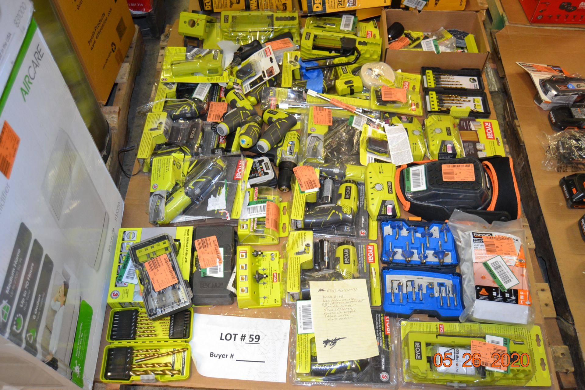 ASSORTED RYOBI LITIUM SCREWDRIVERS,DRILL BITS, STUD DETECTORS, LASER LEVELS, ROUTER BITS AND MORE