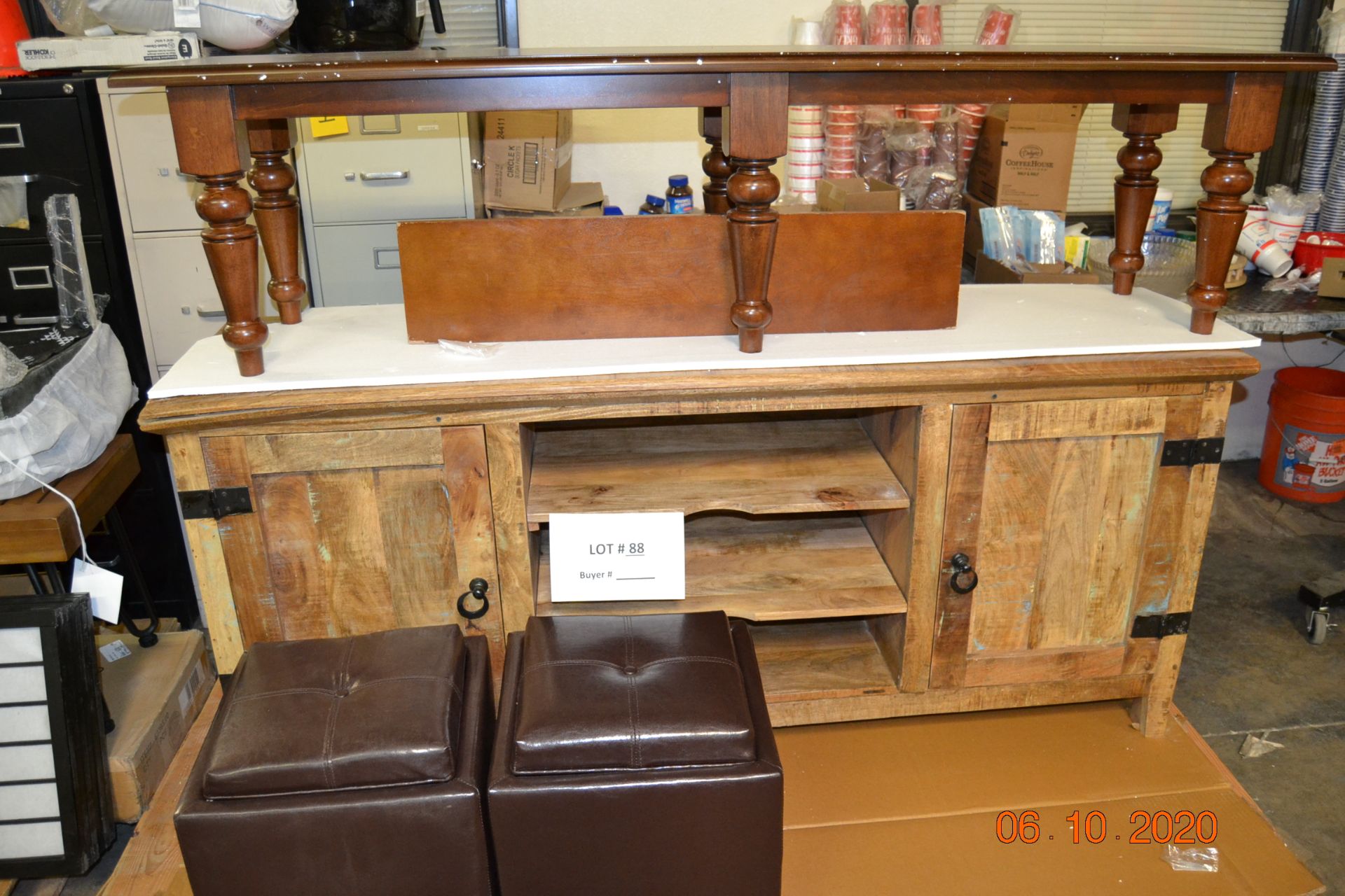 LONG WOOD BENCH/WOODEN CREDENZA/2 SQUARE PADDED SEATS