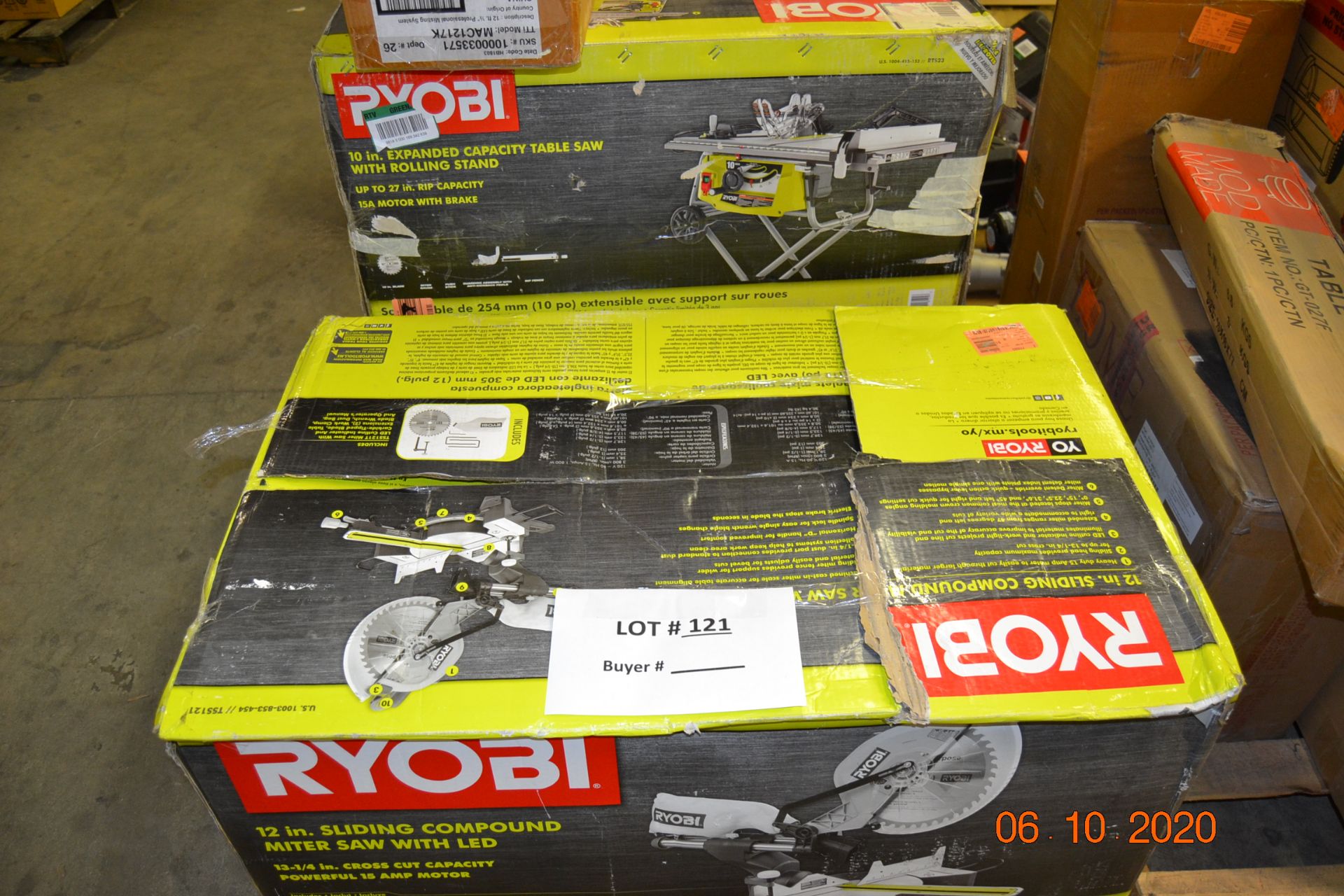 RYOBI-SLIDING COMPOUND MITER SAW WITH LEGS/(2) 10" TABLE SAW WITH ROLLING STAND