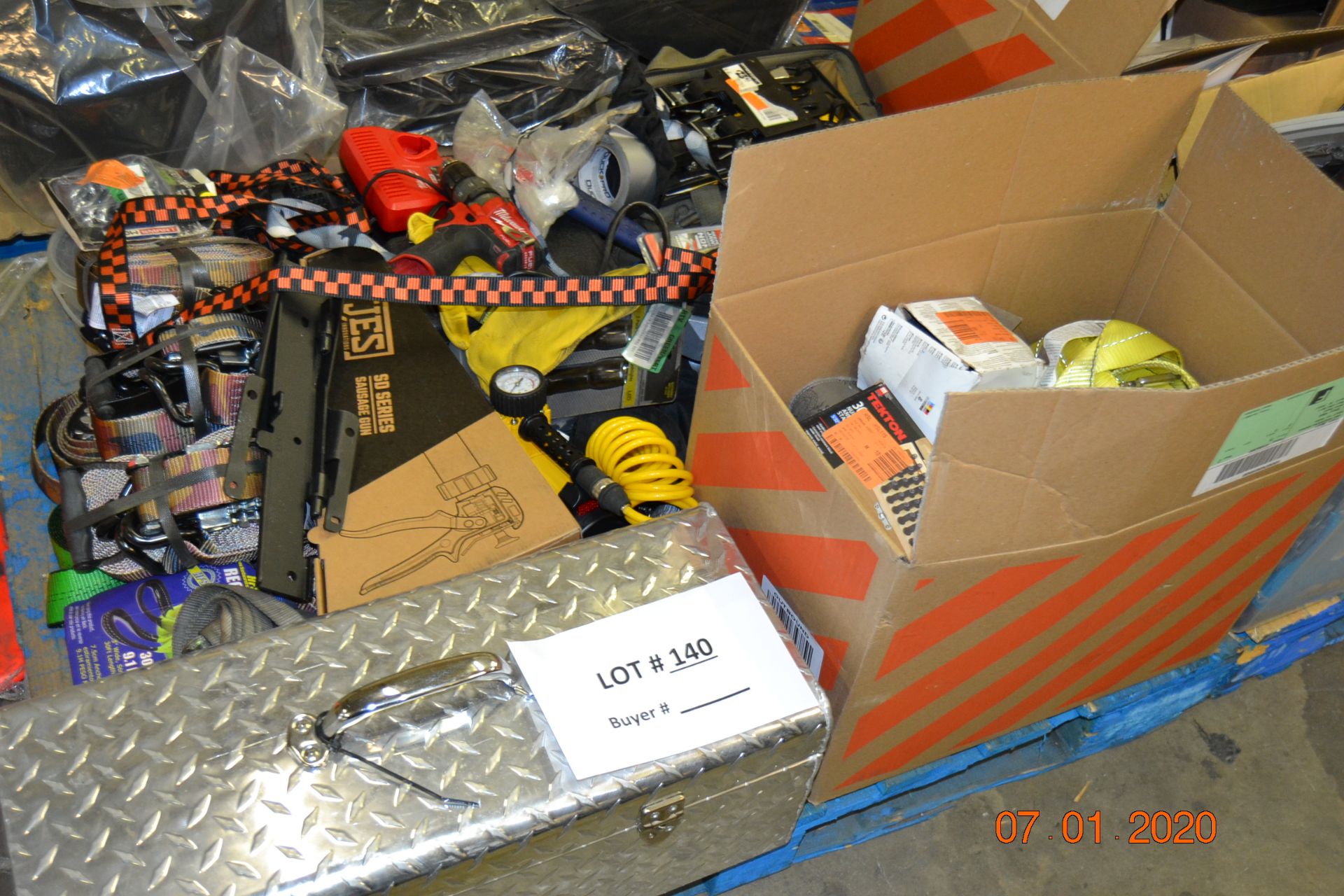 LARGE ASSORTMENT H.D. PULLEY BELTS, FIRE EXTINGUISHERS, AIR COMPRESSORS, MISC HAND TOOLS