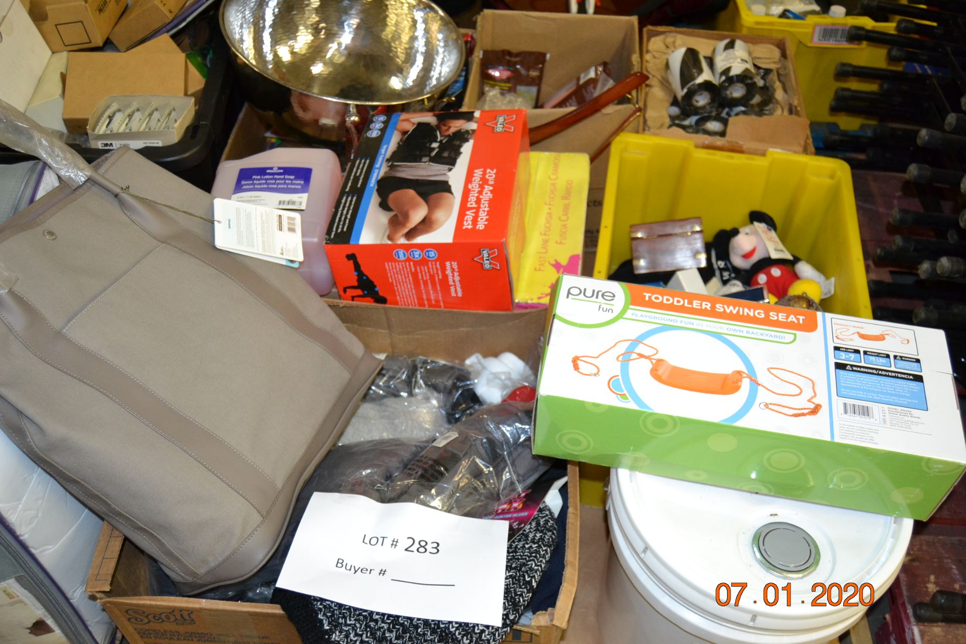 MIX LOT GLOVES, SOAP, WEIGHTED VEST, WATCHES, SEWING MACHINE, PINK LOTION HAND SOAP AND MORE