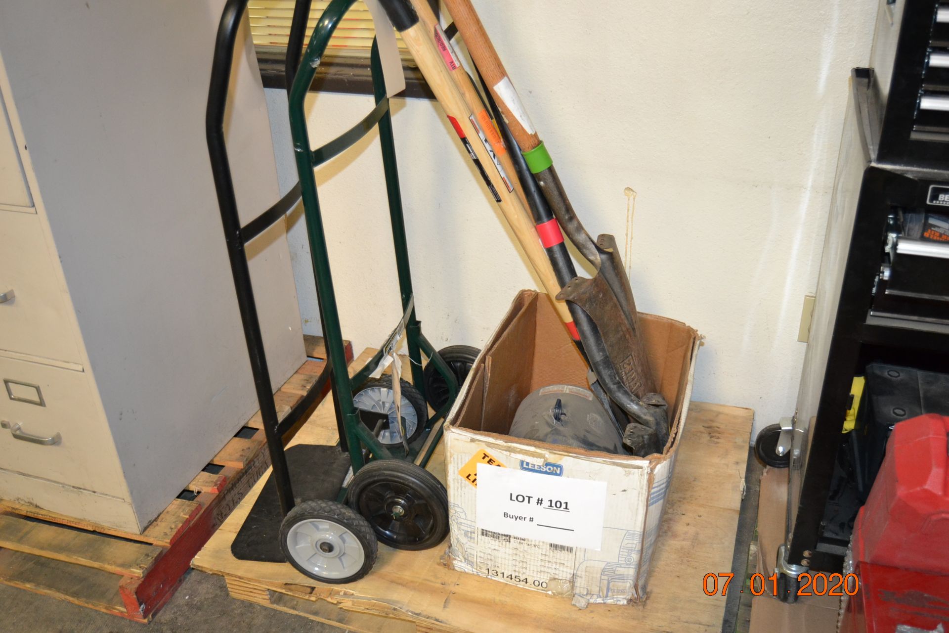 MISC GARDEN EQUIPMENT, 2 DOLLIES, ELECTRIC MOTOR MADE BY LEESON