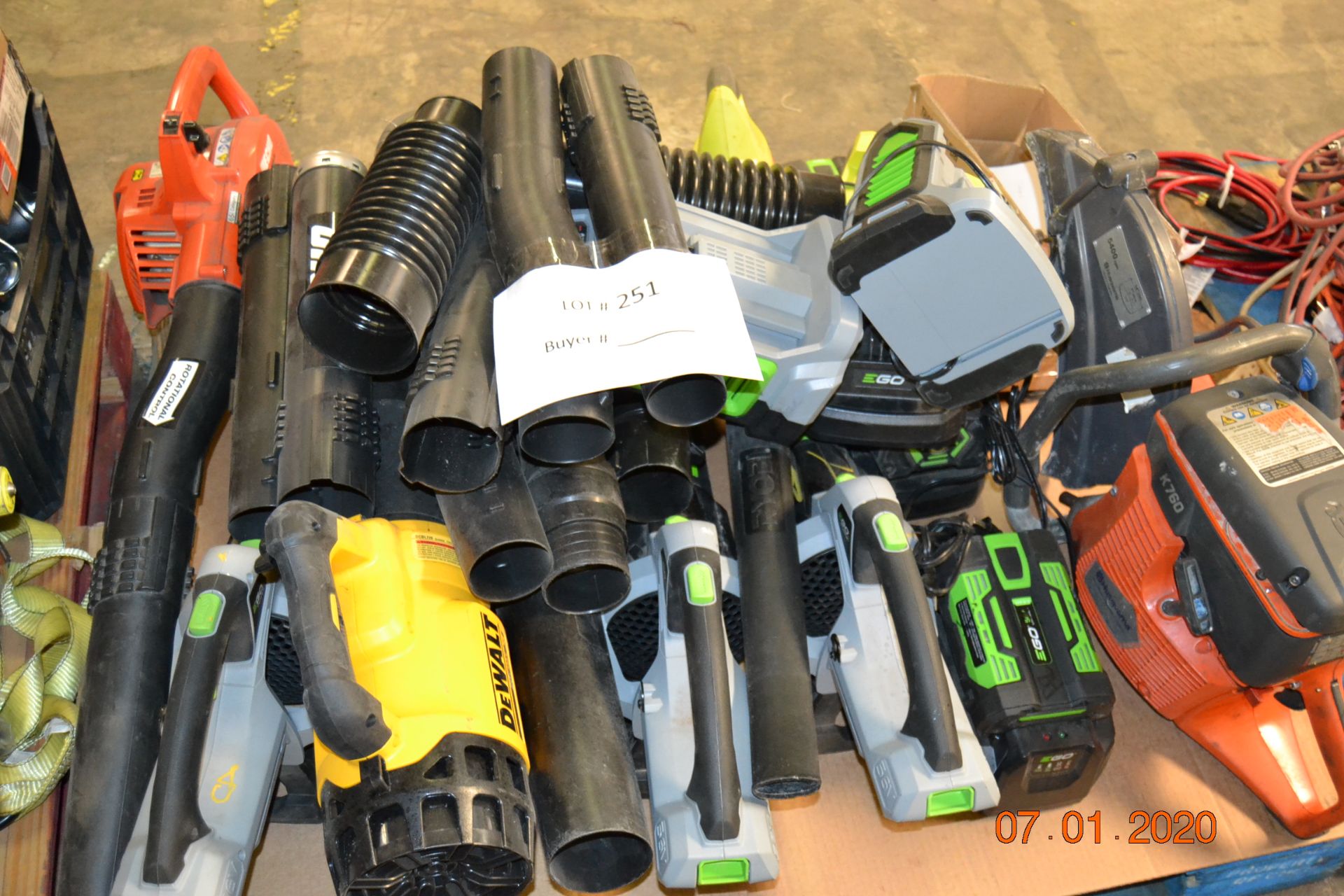 BLOWERS (EGO, ECHO, DEWALT, RYOBI) CONCRETE CUTTER, BATTERIES AND CHARGERS