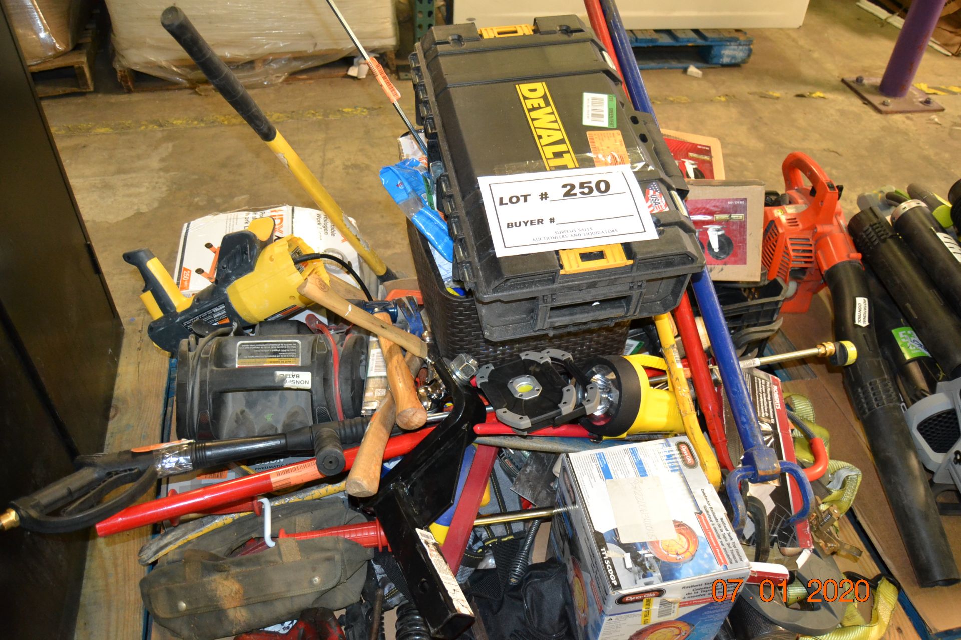 MIX TOOLS, CASTER WHEELS, HEATER, PRY BAR, PRESSURE WASHER GUN, JUMP STARTER, DEWALT BOX