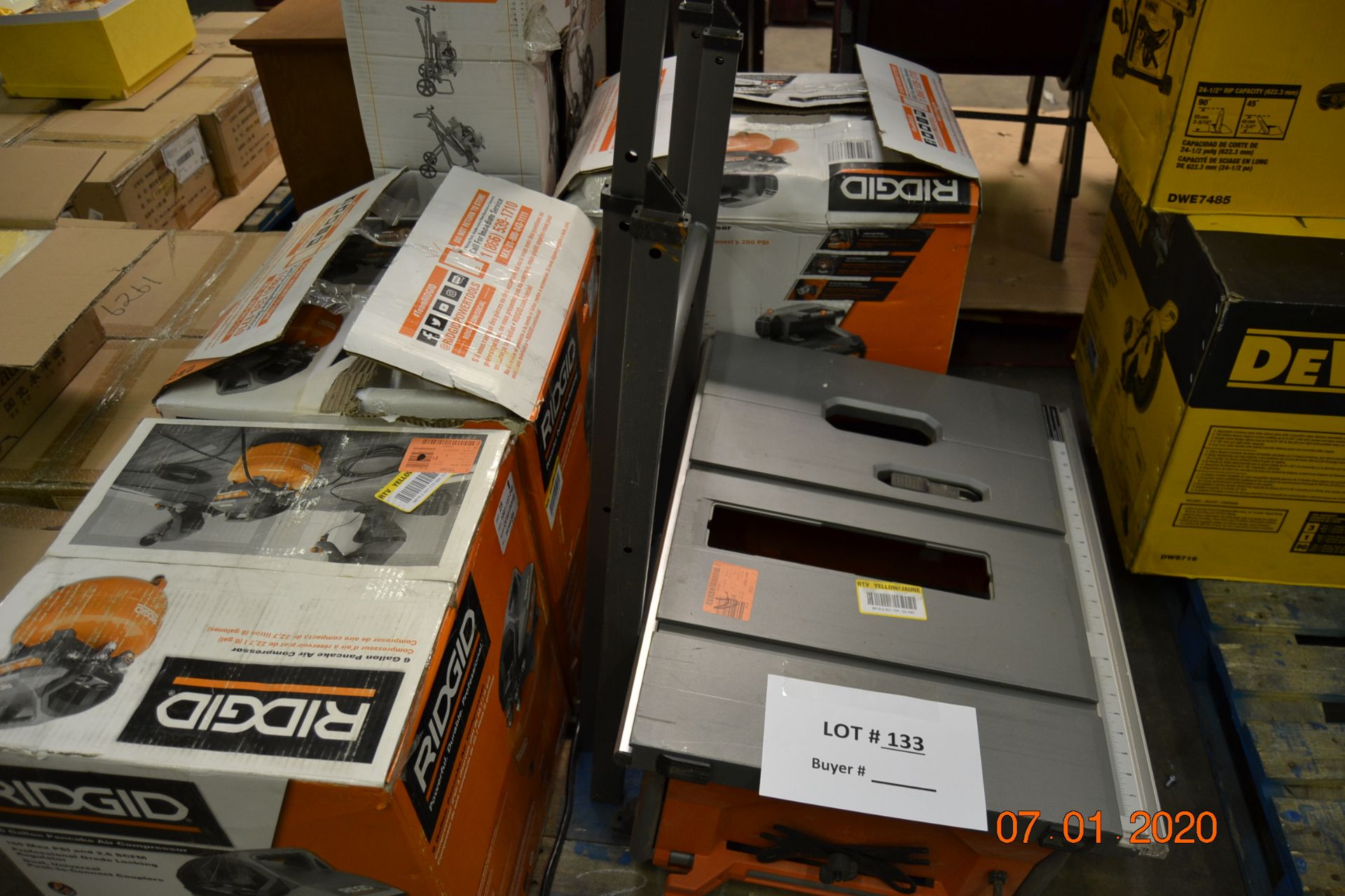 RIDGID TABLE SAW, (3) AIR COMPRESSORS, MITER SAW STAND