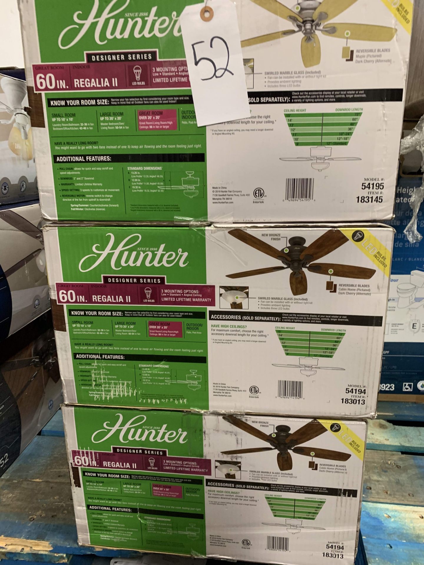 Hunter 60” Ceiling Fans (3 pcs)