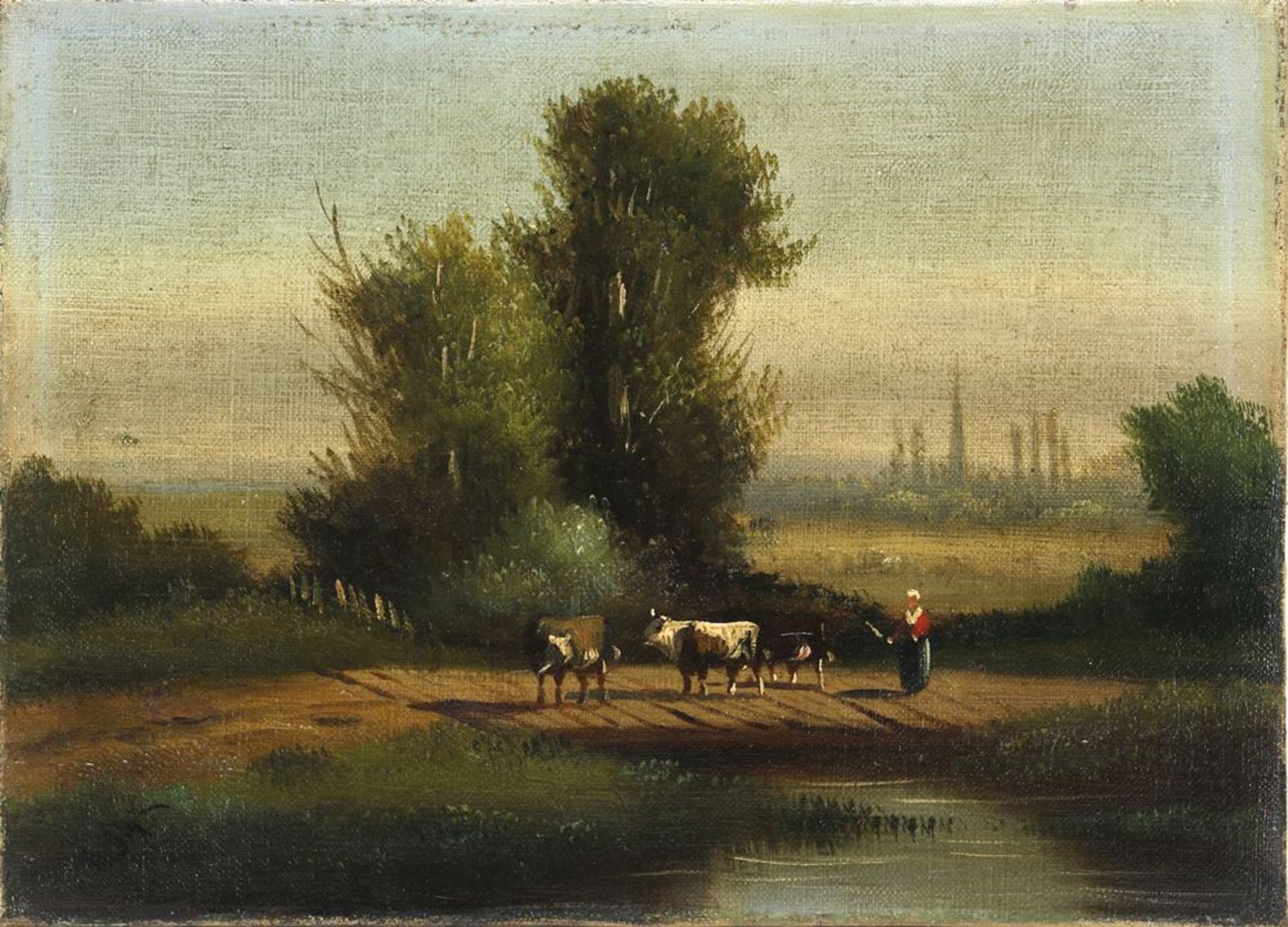 SpätromantikerWohl Ungarn um 1900. Viehhirtin mit Kühen an einem Weiher in weiter Landschaft. Öl auf