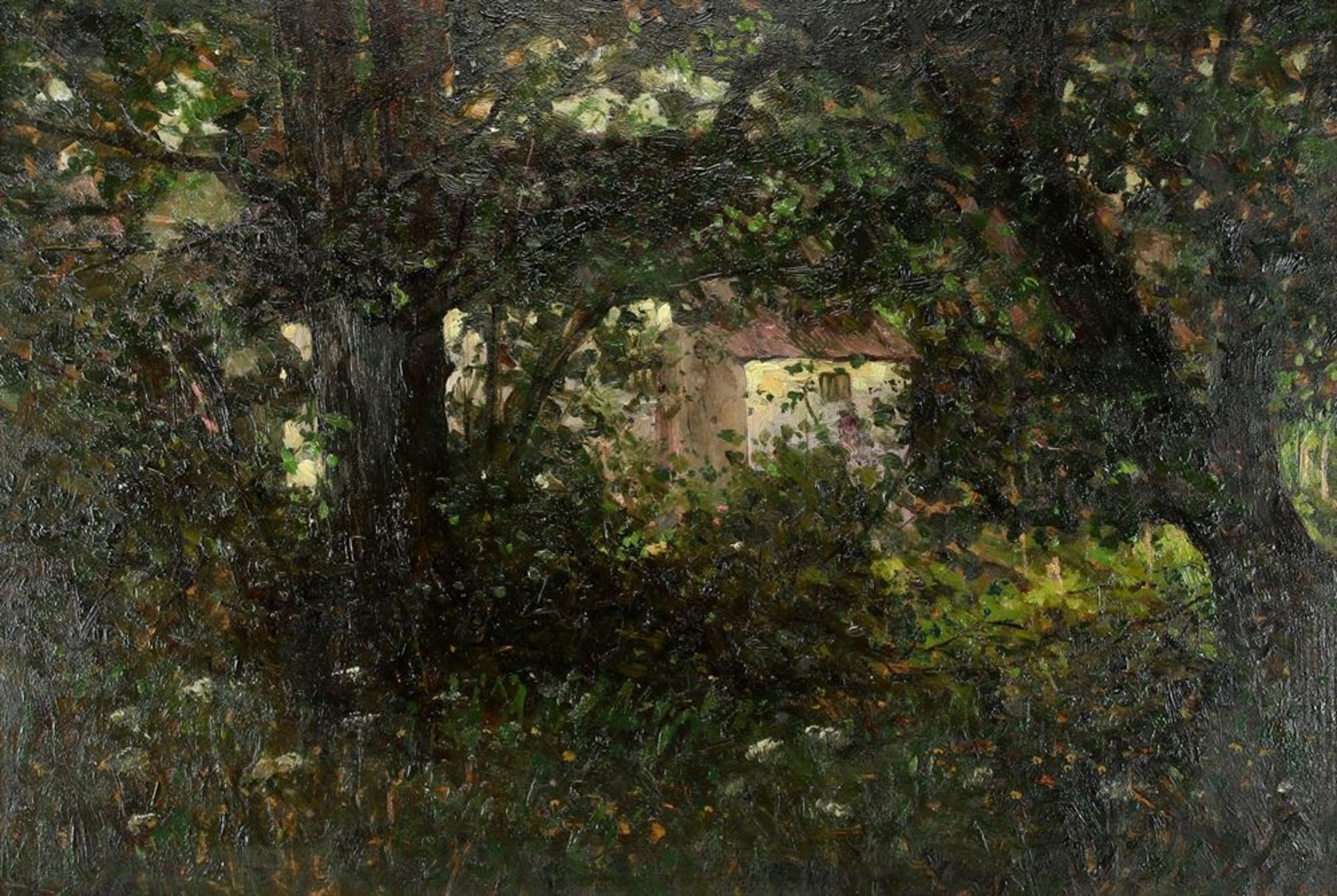 Stoskopf, Gustav Jacques1869 Brumath - 1944 Strassburg. Ausblick aus dem dichten Wald auf ein helles