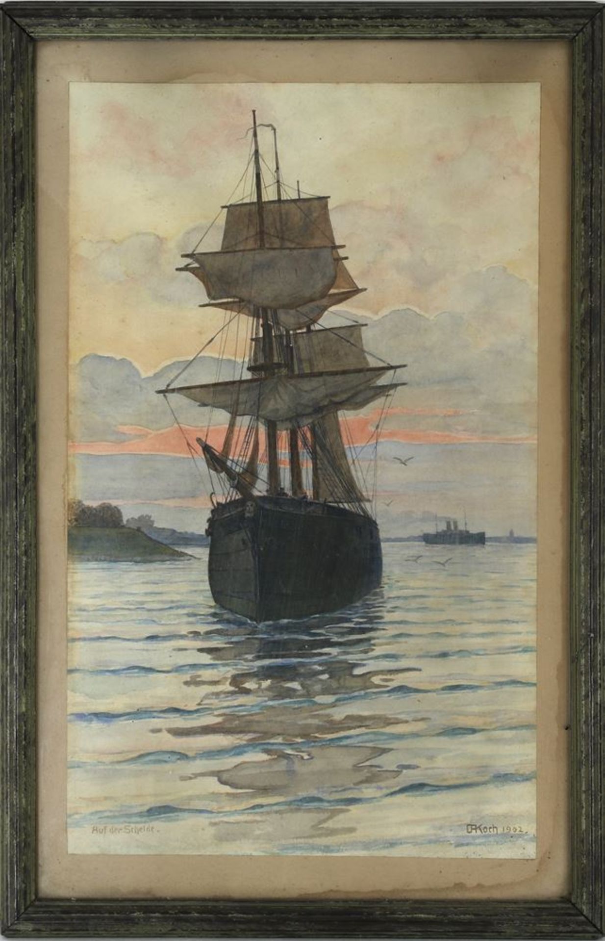 Koch, Otto Albert1866 Mannheim - 1920 Heidelberg. Dreimaster auf der Schelde am Abend. Aquarell. - Bild 2 aus 4