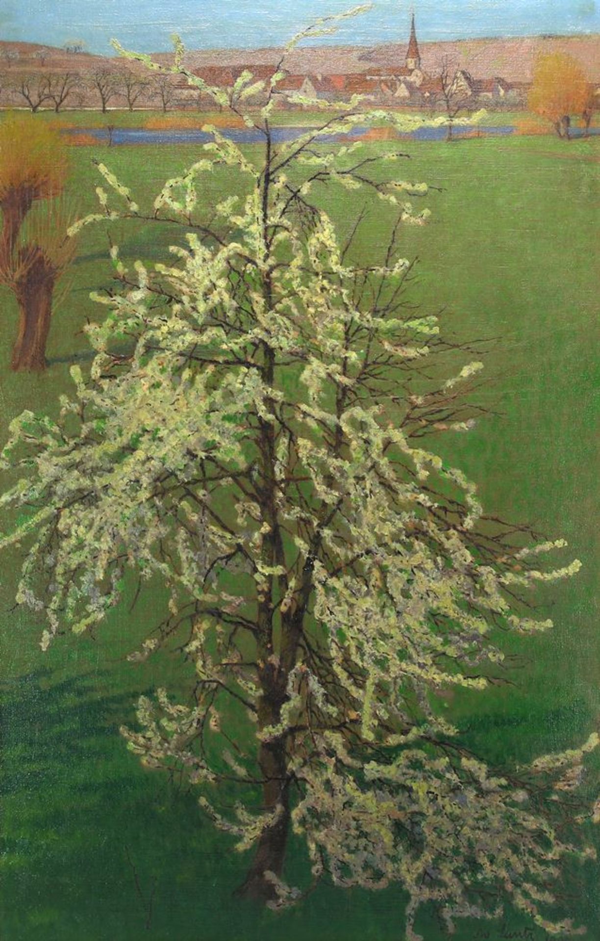 Luntz, Adolf1875 Wien - 1924 Karlsruhe. Blühender Obstbaum vor einer Stadtkulisse. Öl auf