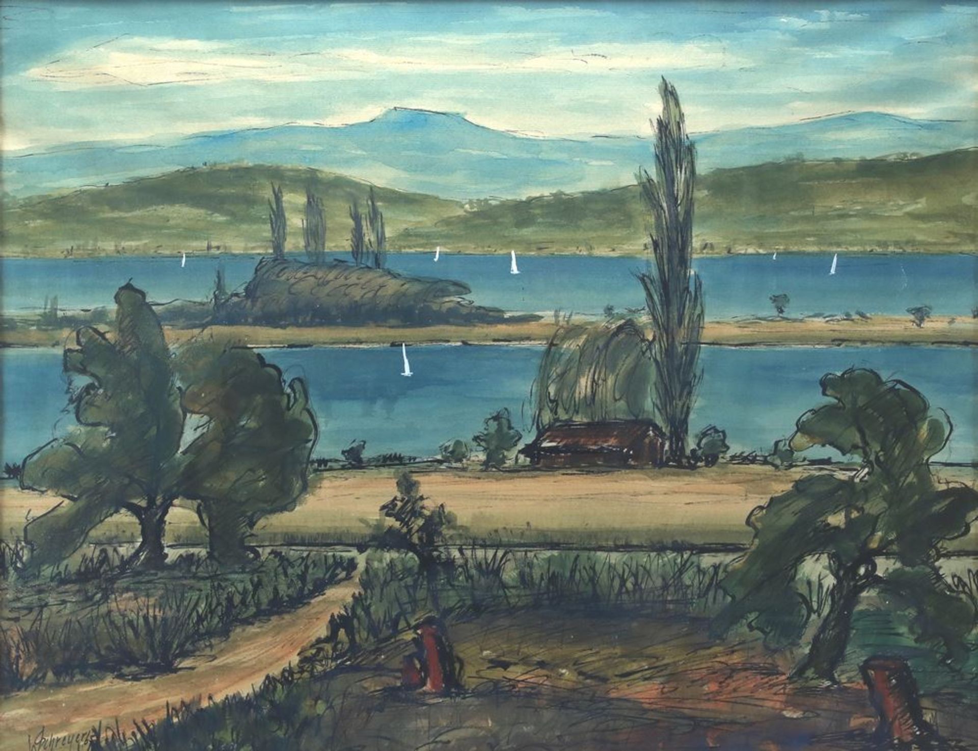 Schreyer, W.Bodenseemaler. Blick über die Reichenau. Aquarell. Unten links signiert und datiert (