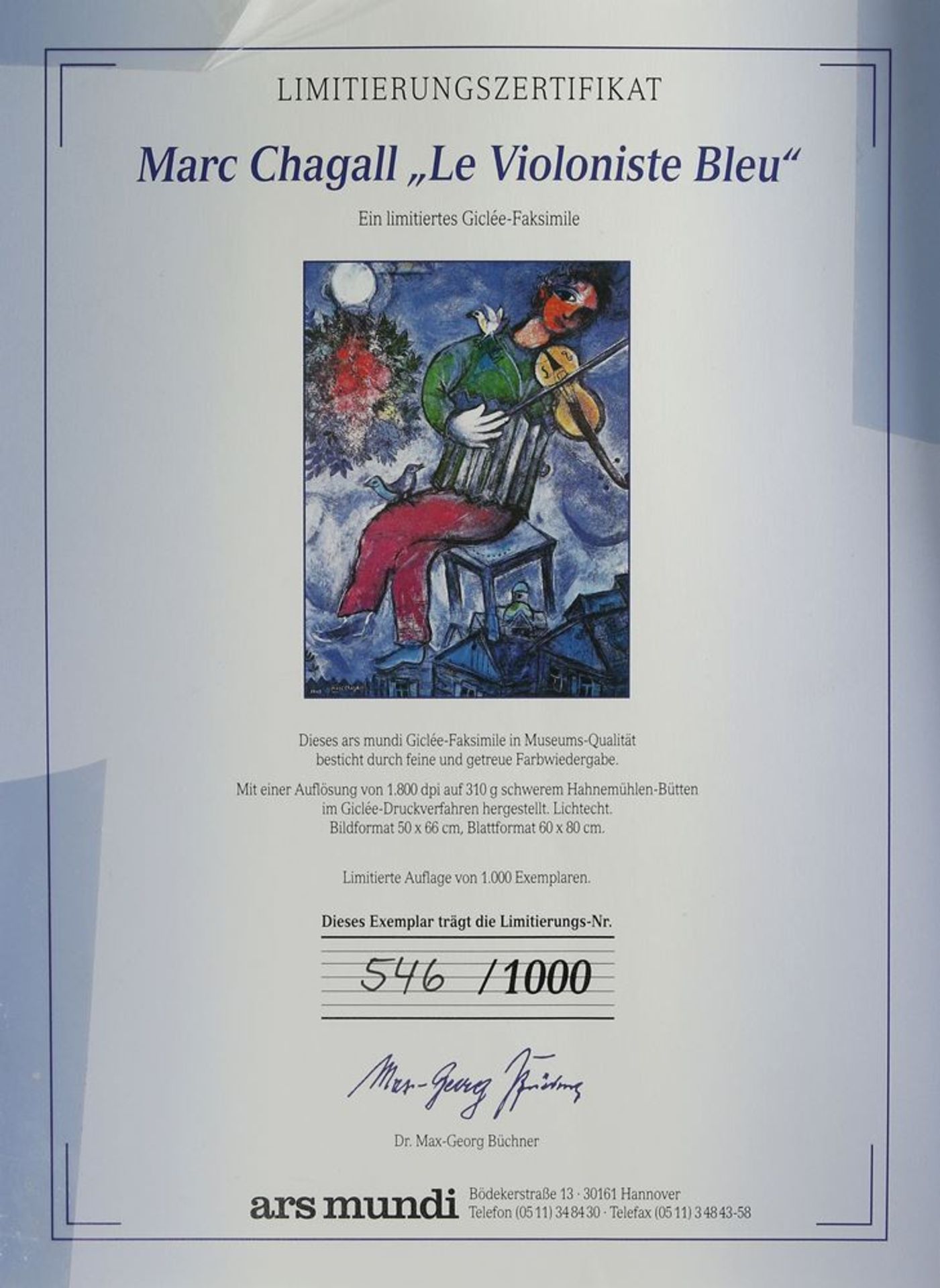 Chagall, Marc1887 Witebsk - 1985 Saint-Paul-de-Vence. Le Violiniste Bleu. Giclée Faksimile auf - Bild 4 aus 4