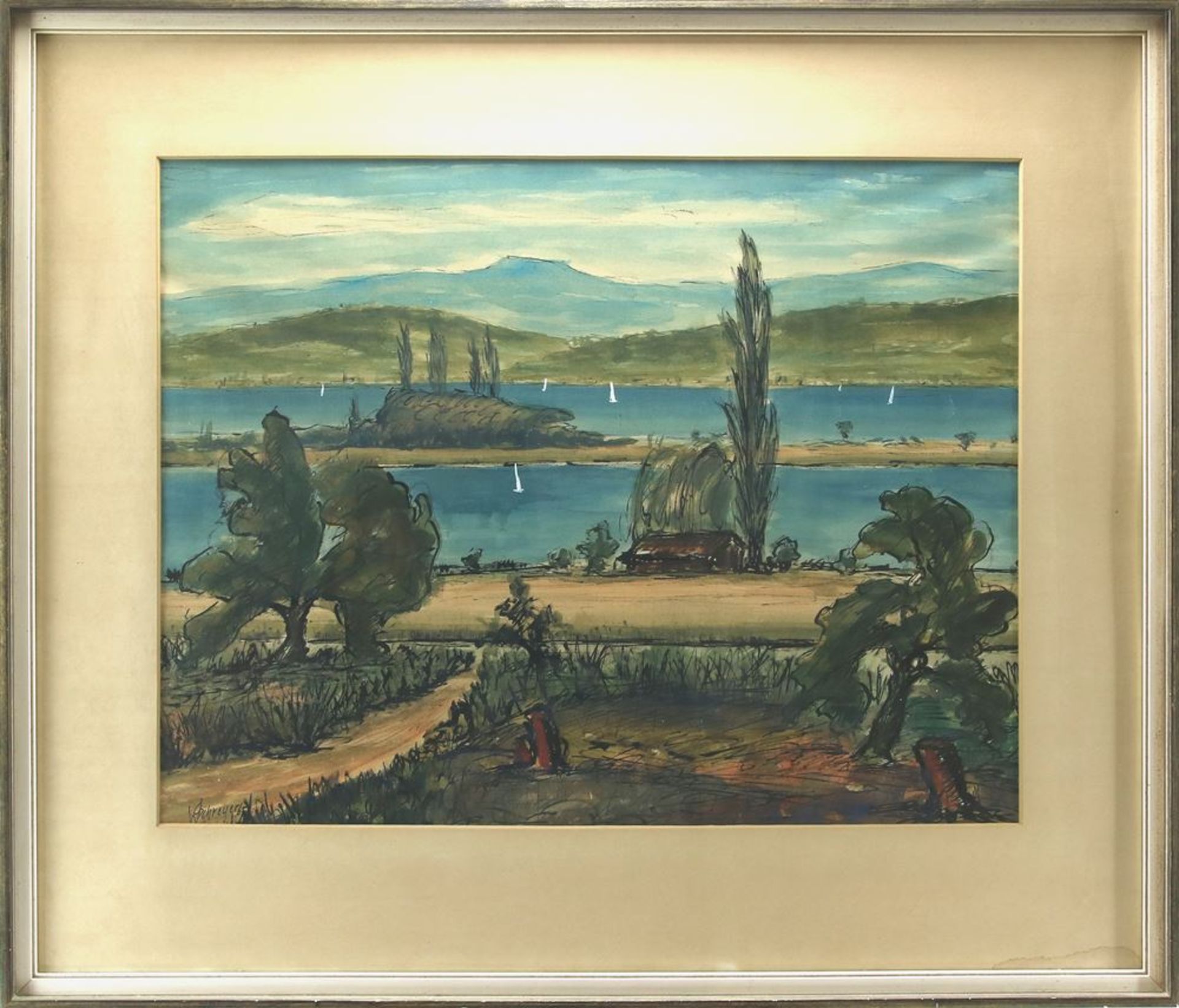 Schreyer, W.Bodenseemaler. Blick über die Reichenau. Aquarell. Unten links signiert und datiert ( - Bild 2 aus 4