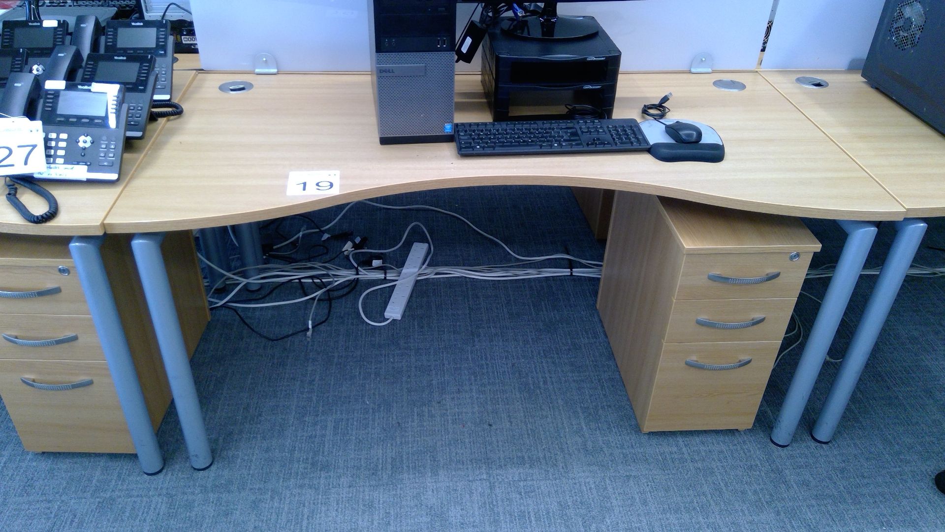 Oak effect ergonomic desk complete with matching 3 drawer pedestal